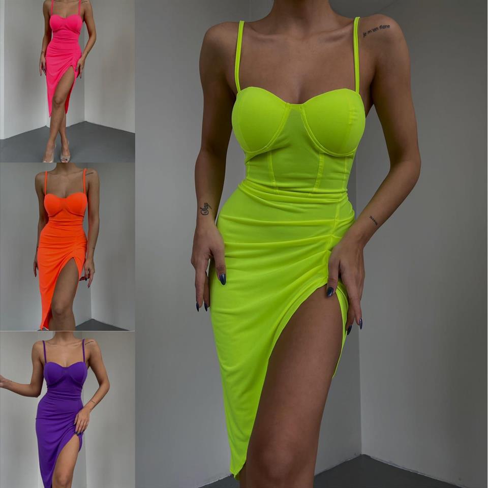 Micro Kumaş Gloplu Derin Yırtmaçlı Tasarım Elbise