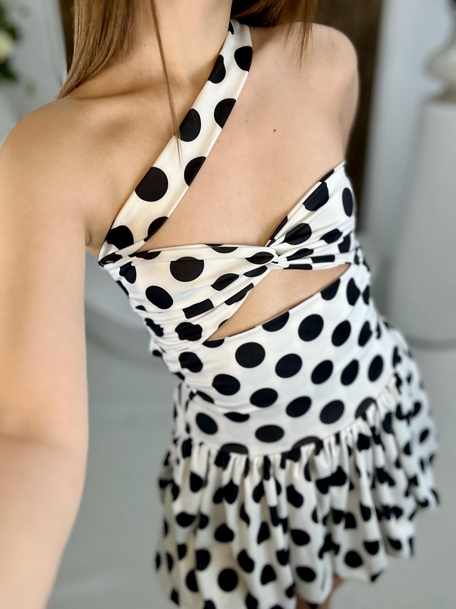 Micro Kumaş Sırt Detay Puantiye Desen Balon Etekli Elbise Beyaz