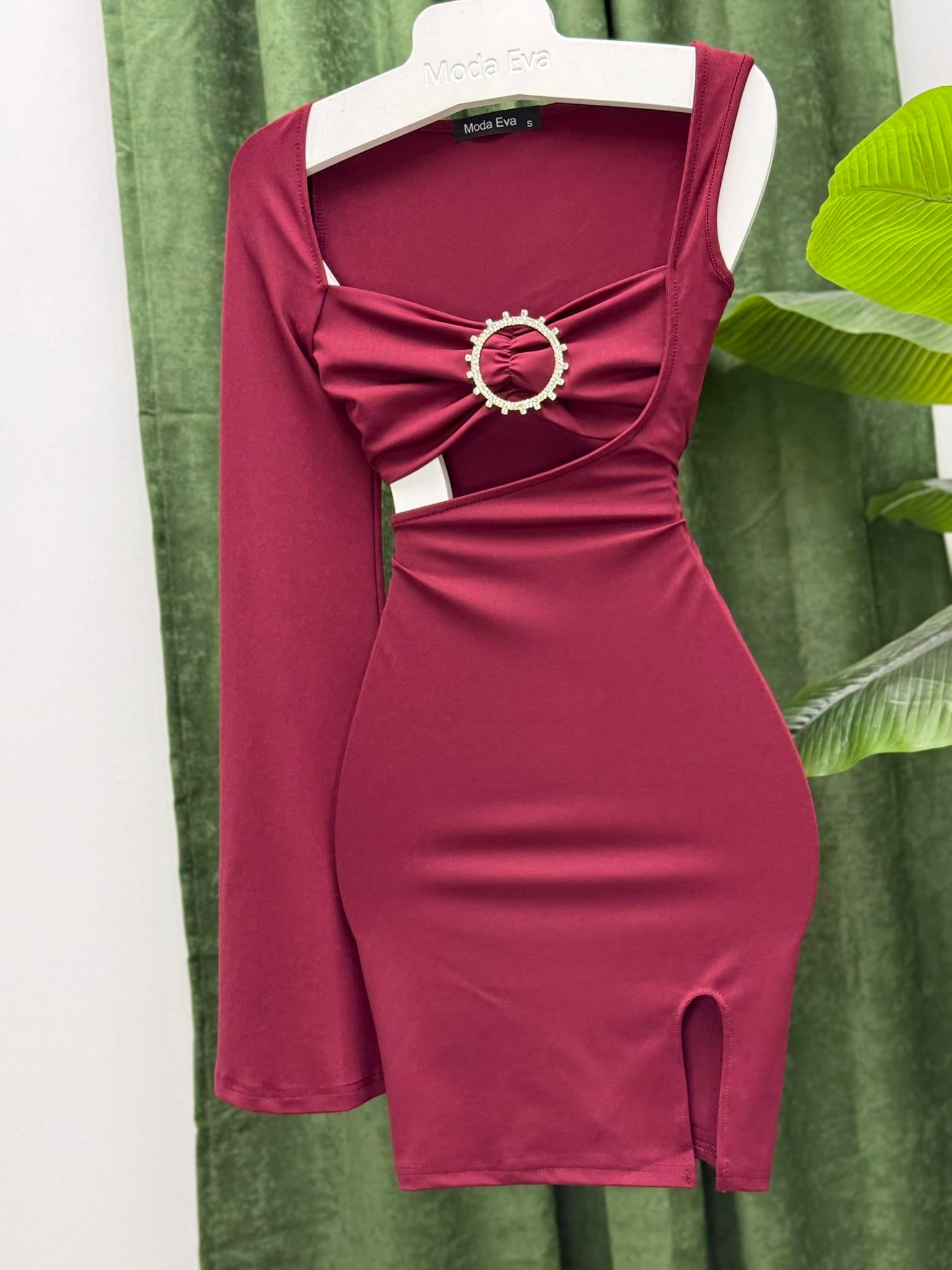 Micro Kumaş Tek Kol Broş Detay Tasarım Elbise Bordo