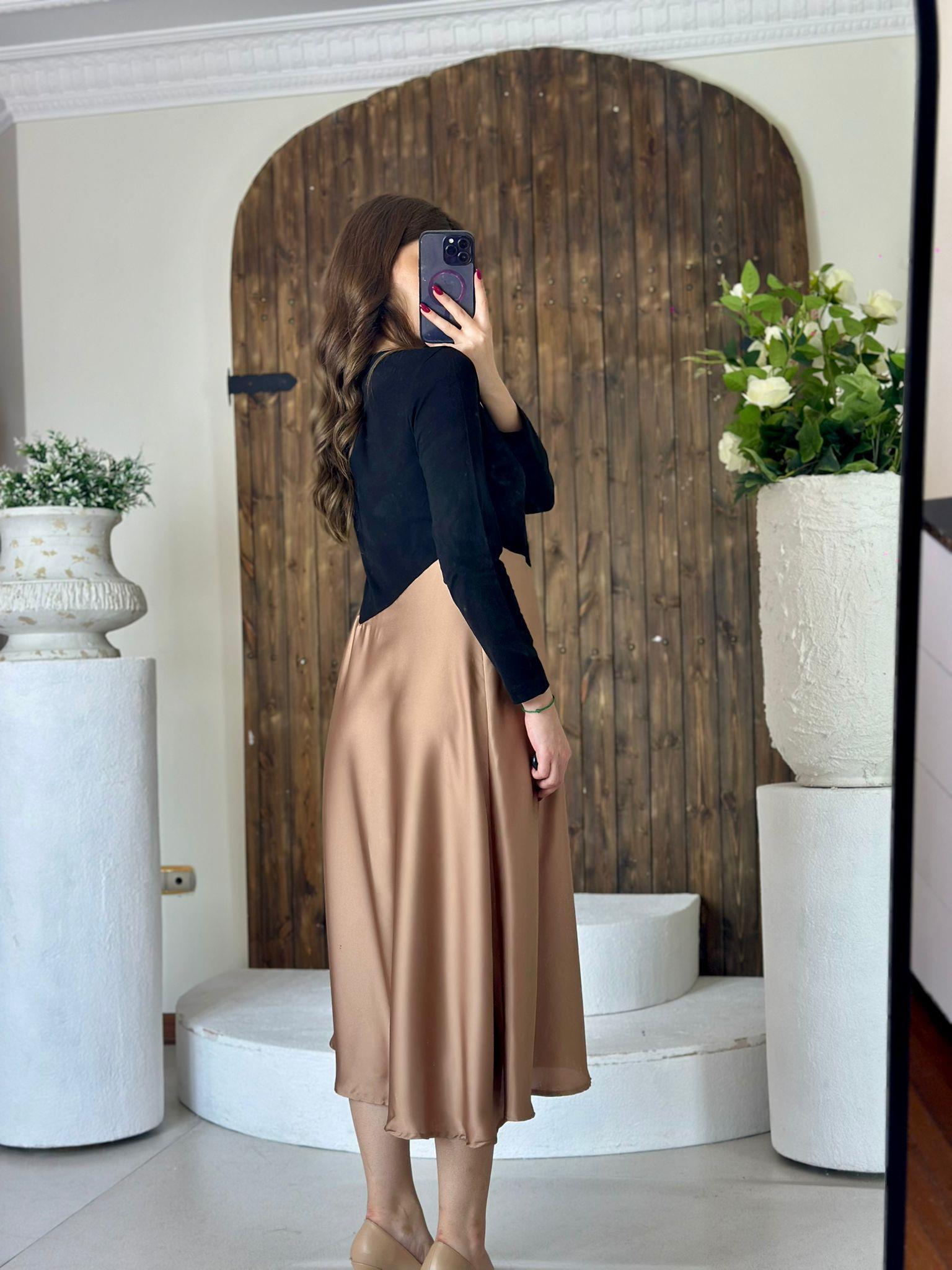 Modal Kumaş Eteği Saten Midi Boy Elbise