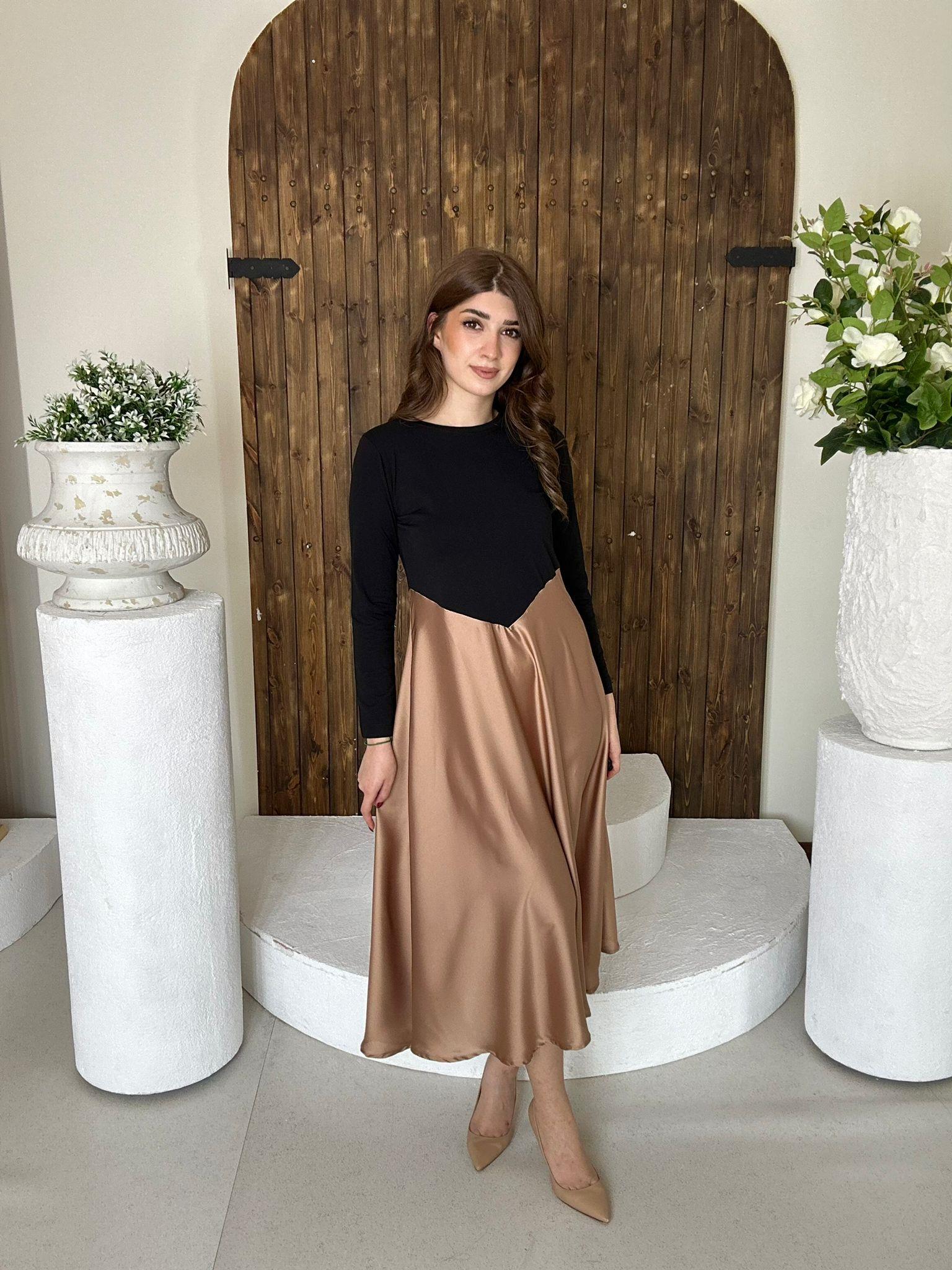 Modal Kumaş Eteği Saten Midi Boy Elbise