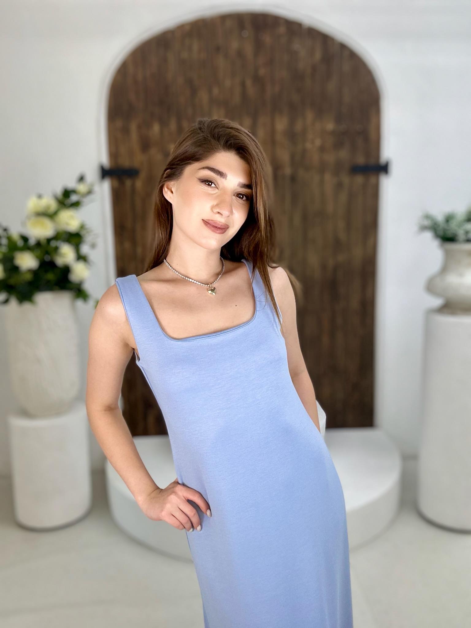 Modal Kumaş Kare Yaka Midi Boy Elbise Bebe Mavisi