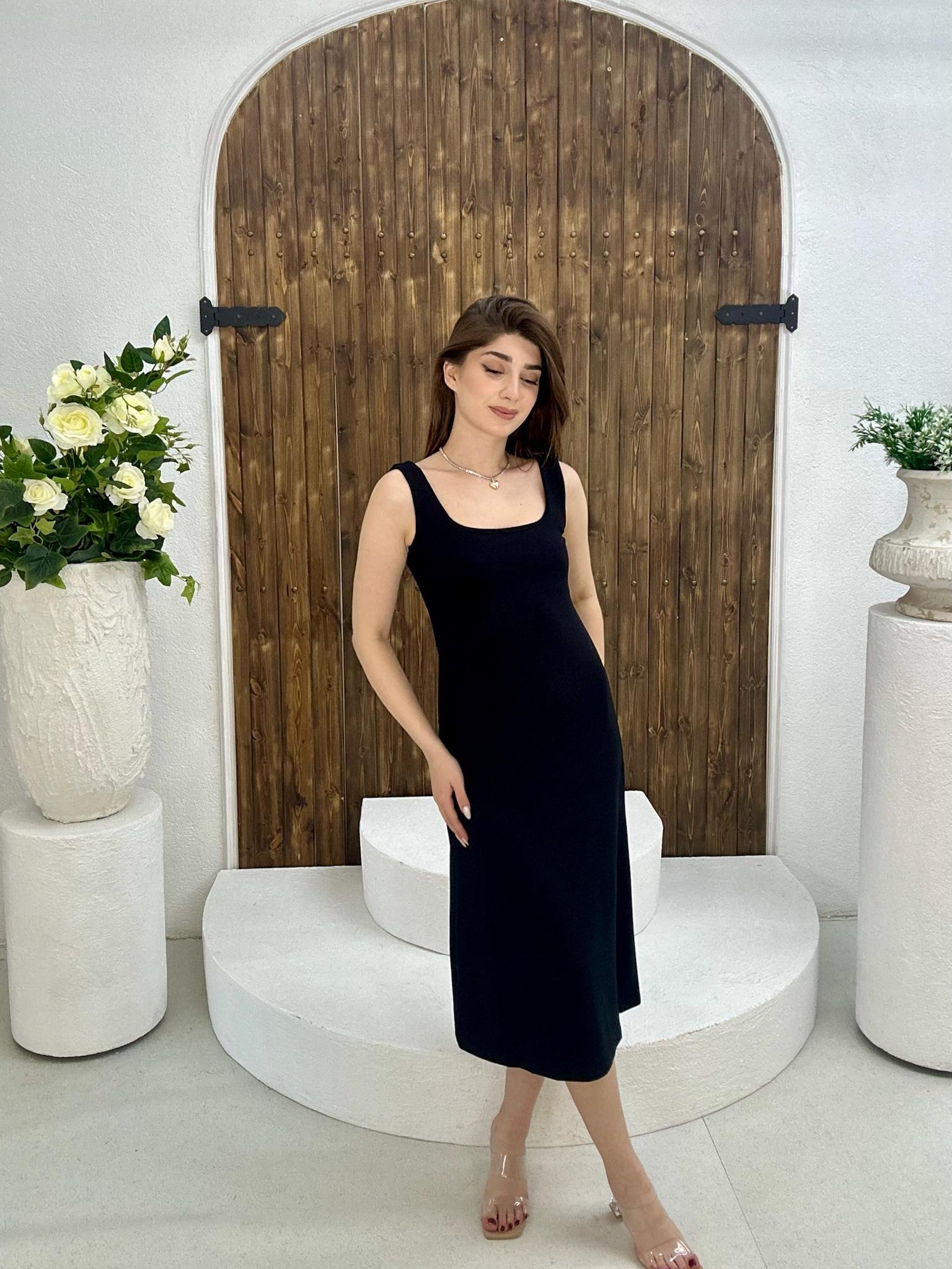 Modal Kumaş Kare Yaka Midi Boy Elbise Siyah