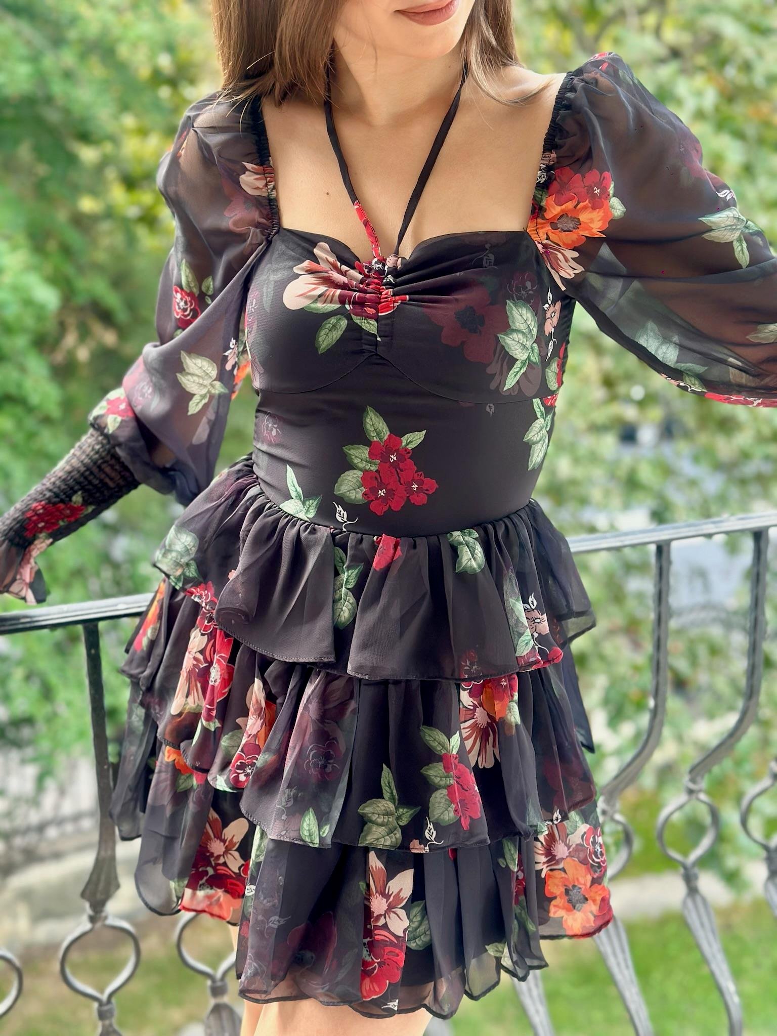 Multi Şifon Kumaş Çiçek Desen Kat Etekli Tasarım Elbise