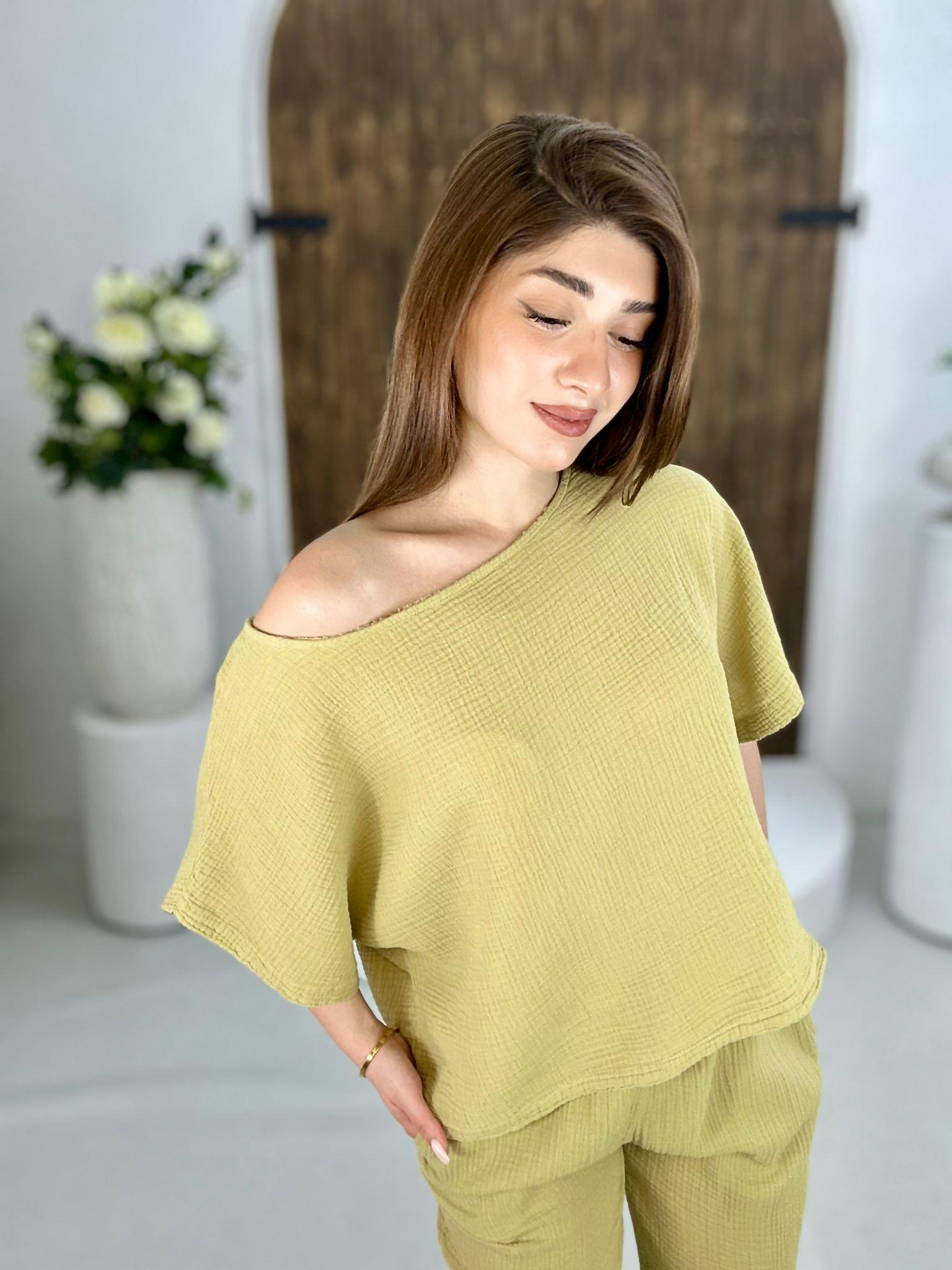 Müslin Kumaş Cep Detaylı Beli Lastikli Rahat Pantolon Haki