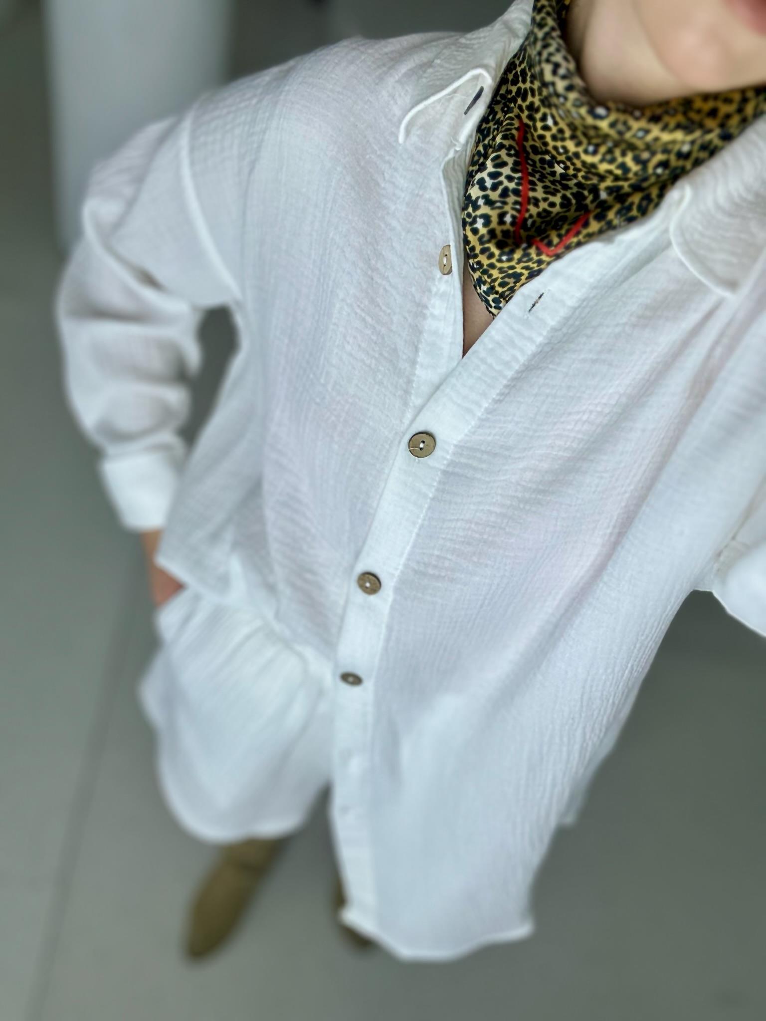 Müslin Kumaş Oversize Kalıp Uzun Kollu Gömlek ve Şort İkili Takım Beyaz