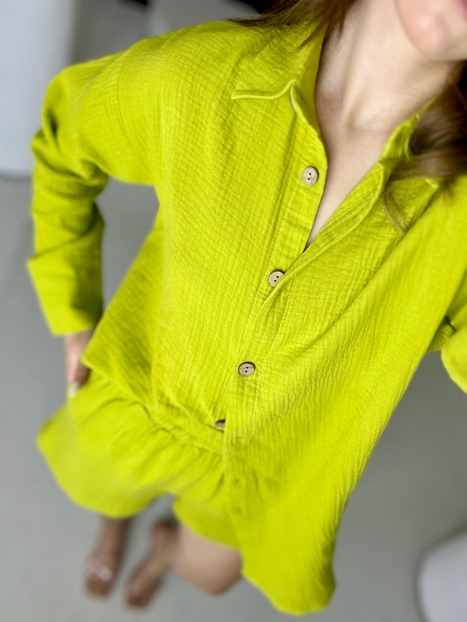 Müslin Kumaş Oversize Kalıp Uzun Kollu Gömlek ve Şort İkili Takım Yağ Yeşili