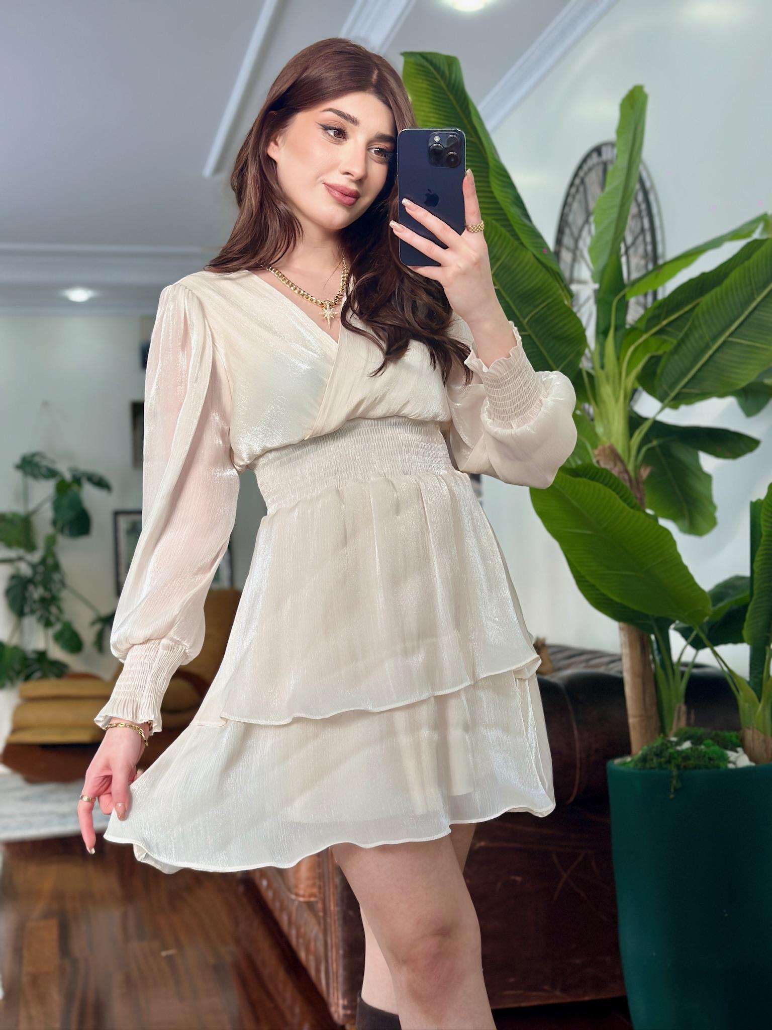 Organze Kumaş Beli Gipeli Kloş Tasarım Elbise Beyaz