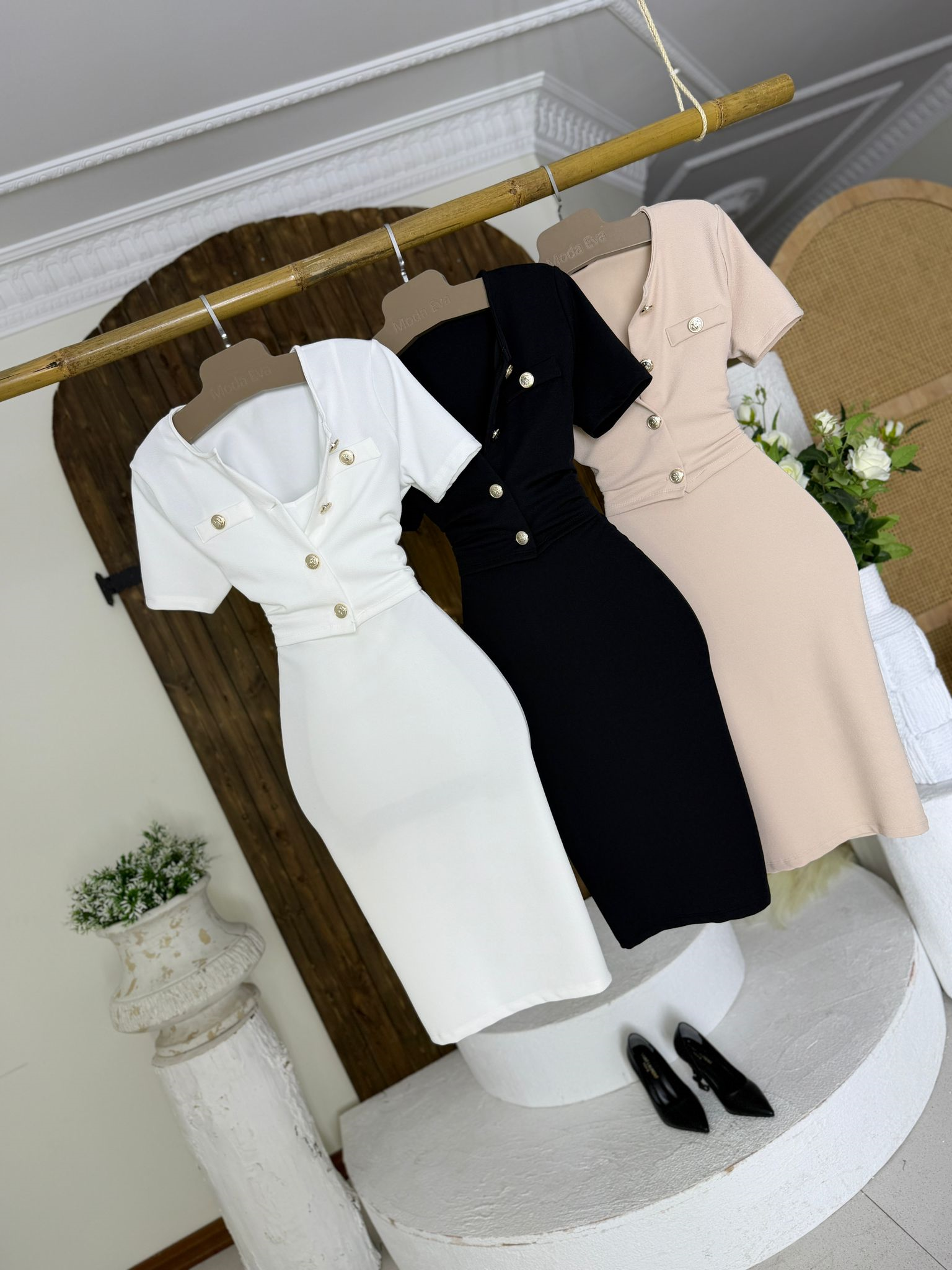 Örme Crep Kumaş Askılı Elbise Ceket İkili Takım Krem