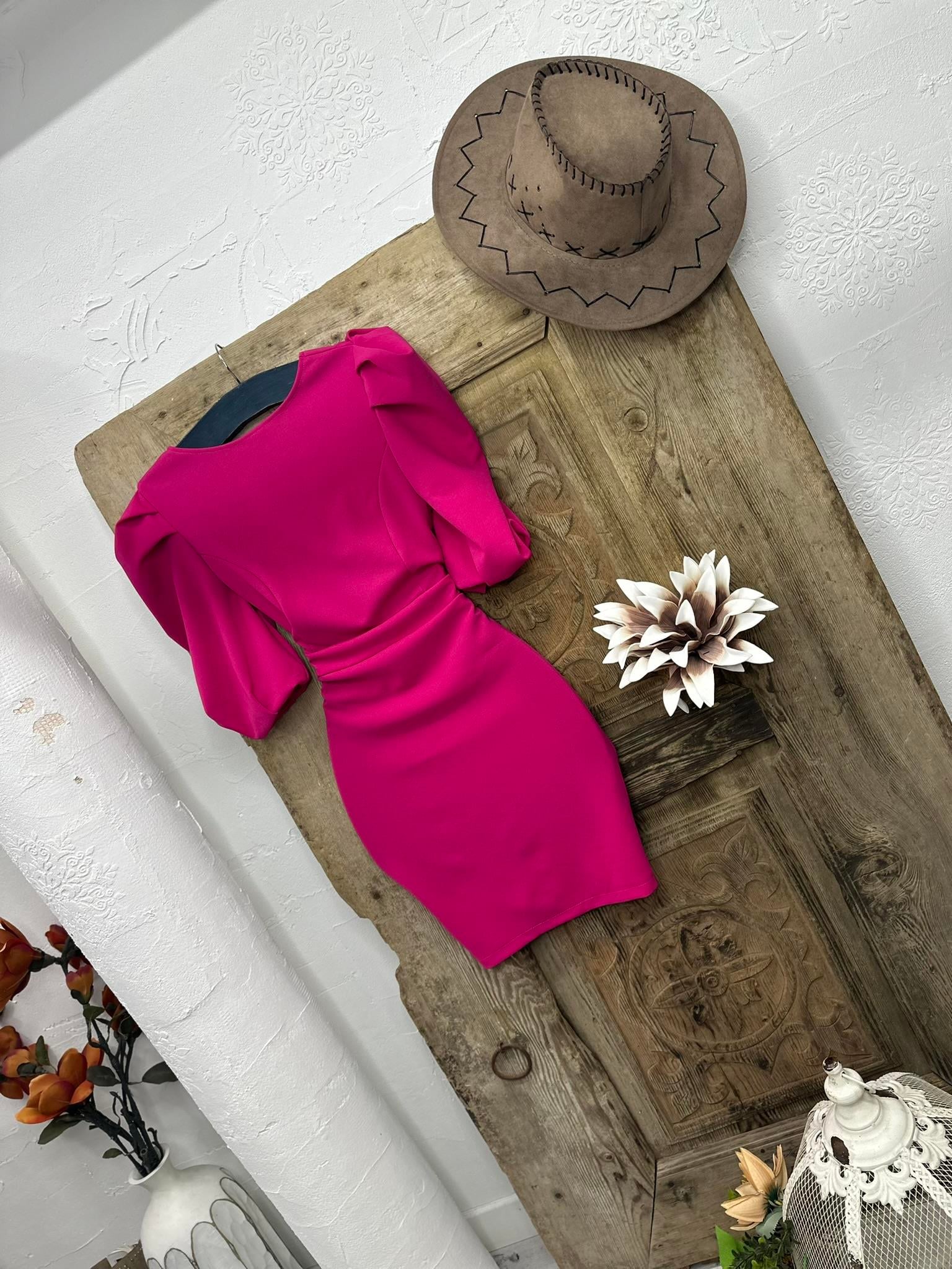 Örme Crep Kumaş Balon Kol Sırt Dekolteli Elbise