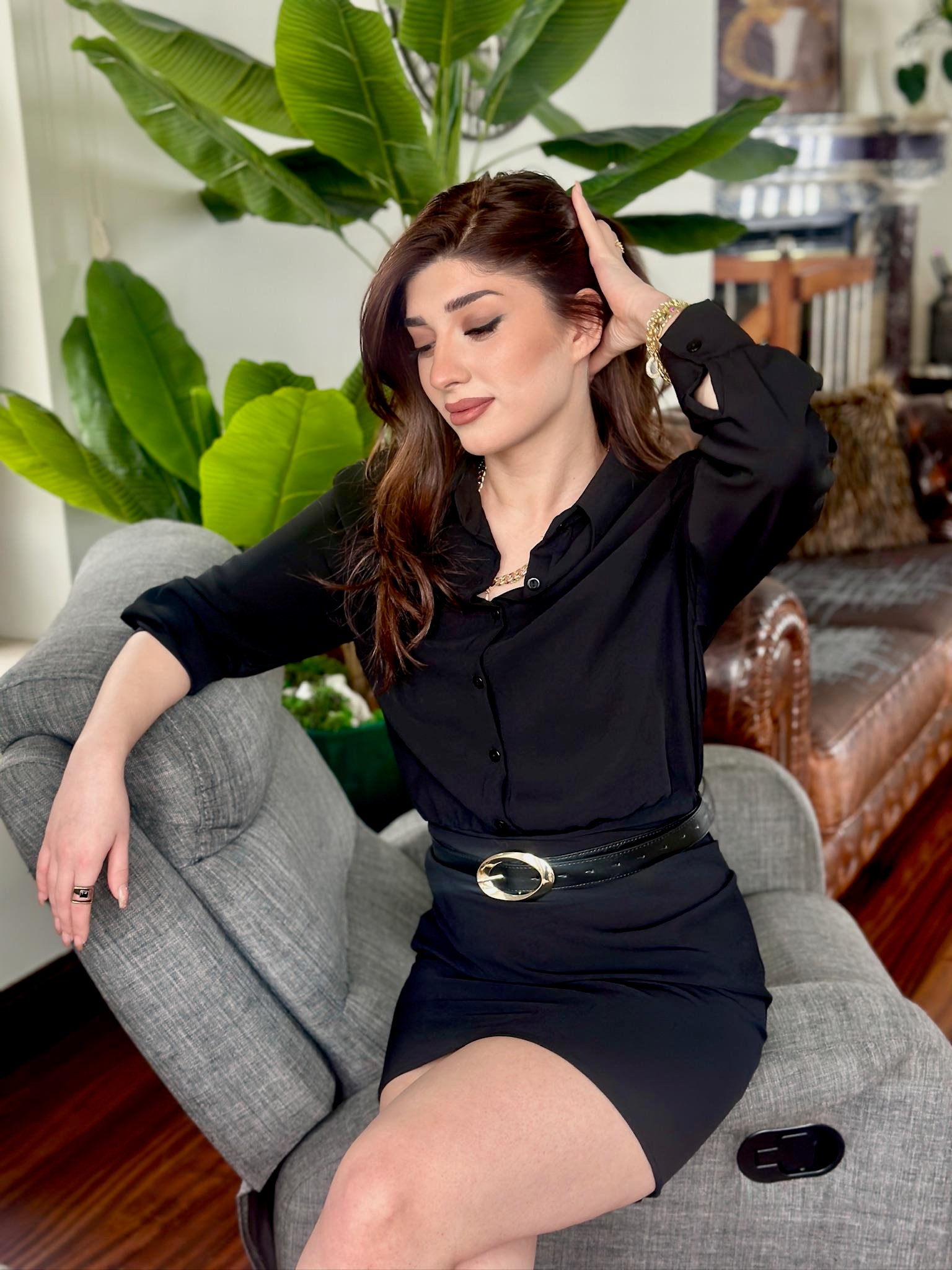 Örme Crep Kumaş Drapeli Gömlek Elbise Siyah