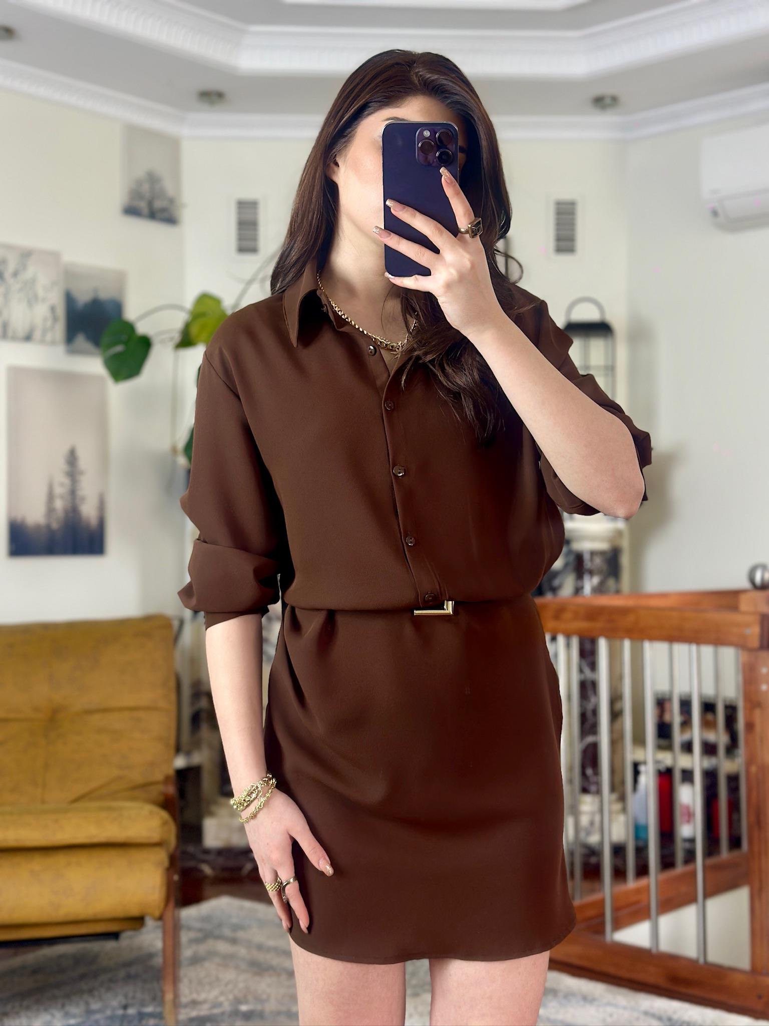 Örme Crep Kumaş Drapeli Gömlek Elbise Kahverengi