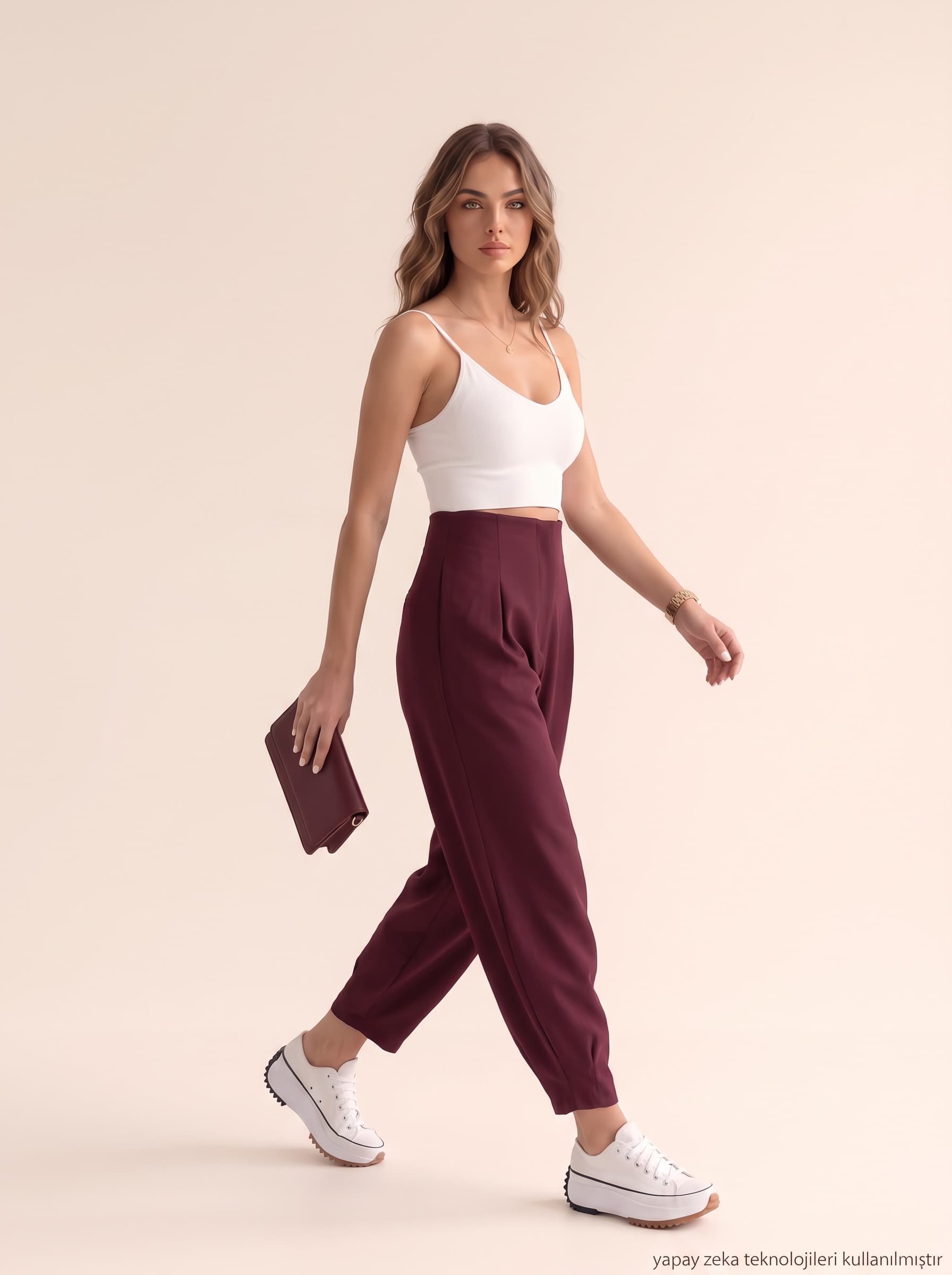 Örme Likralı Crep Kumaş Kemersiz Balon Pantolon Bordo