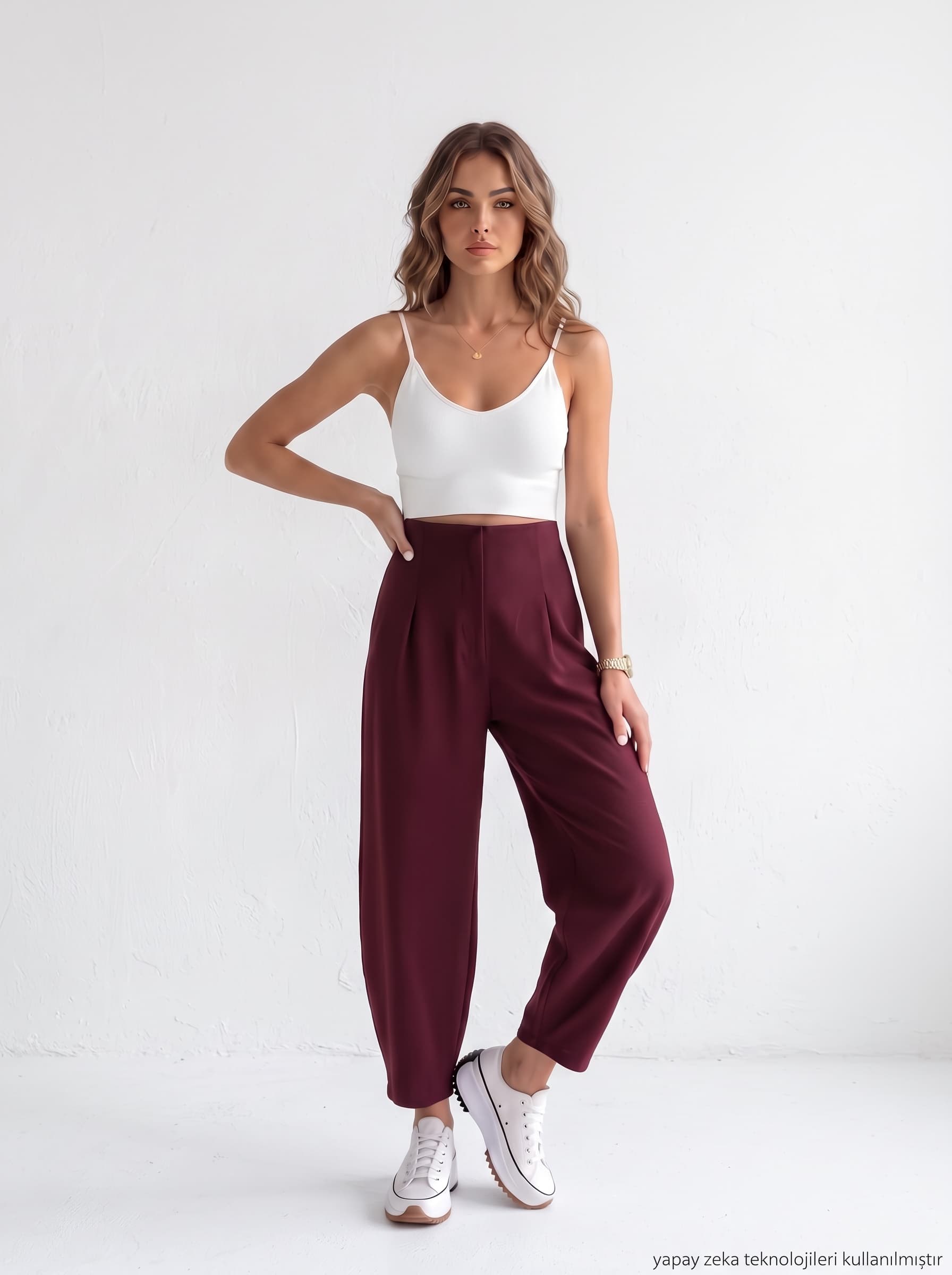 Örme Likralı Crep Kumaş Kemersiz Balon Pantolon Bordo