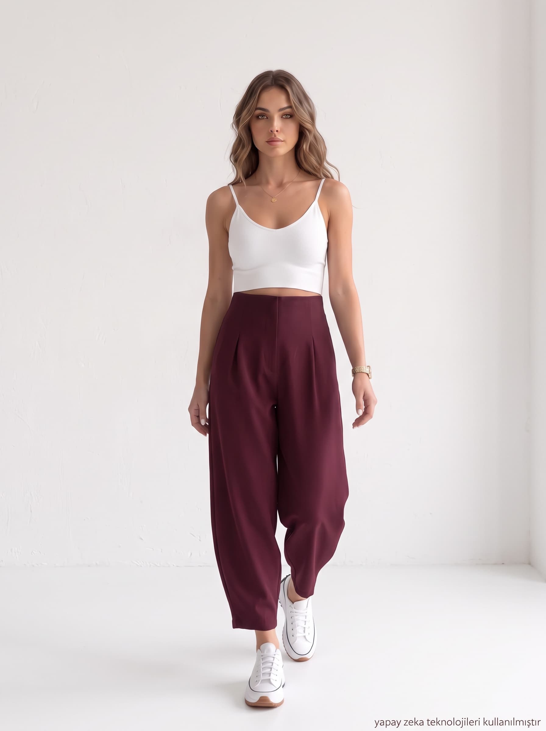 Örme Likralı Crep Kumaş Kemersiz Balon Pantolon Bordo
