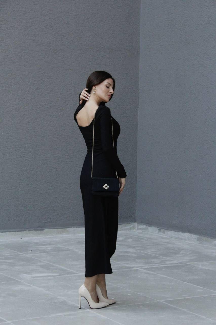 Ottoman Kumaş Metal Aksesuarlı Tasarım Siyah Uzun Elbise