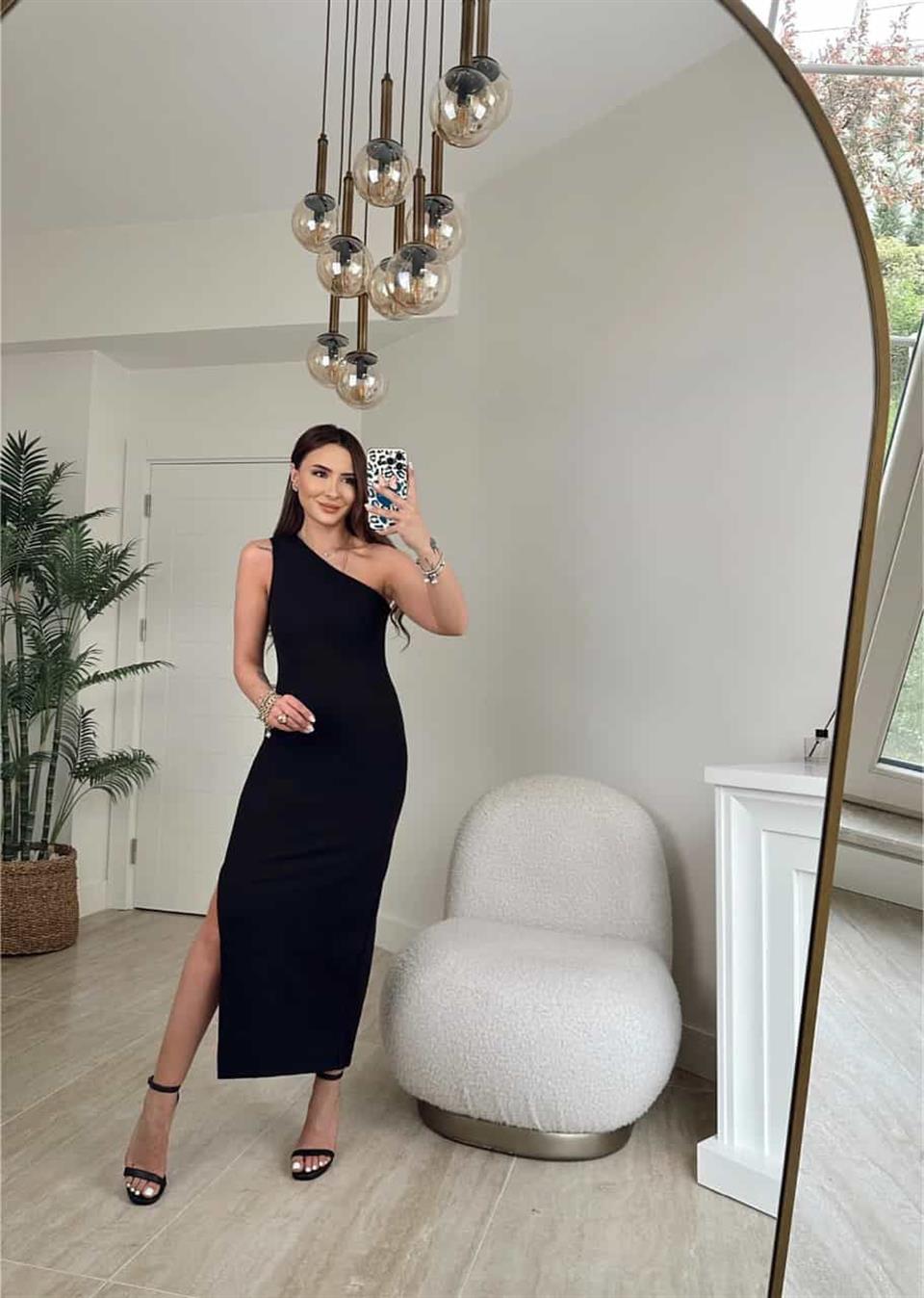 Ottoman Kumaş Tek Omuz Yan Yırtmaçlı Likralı Uzun Elbise