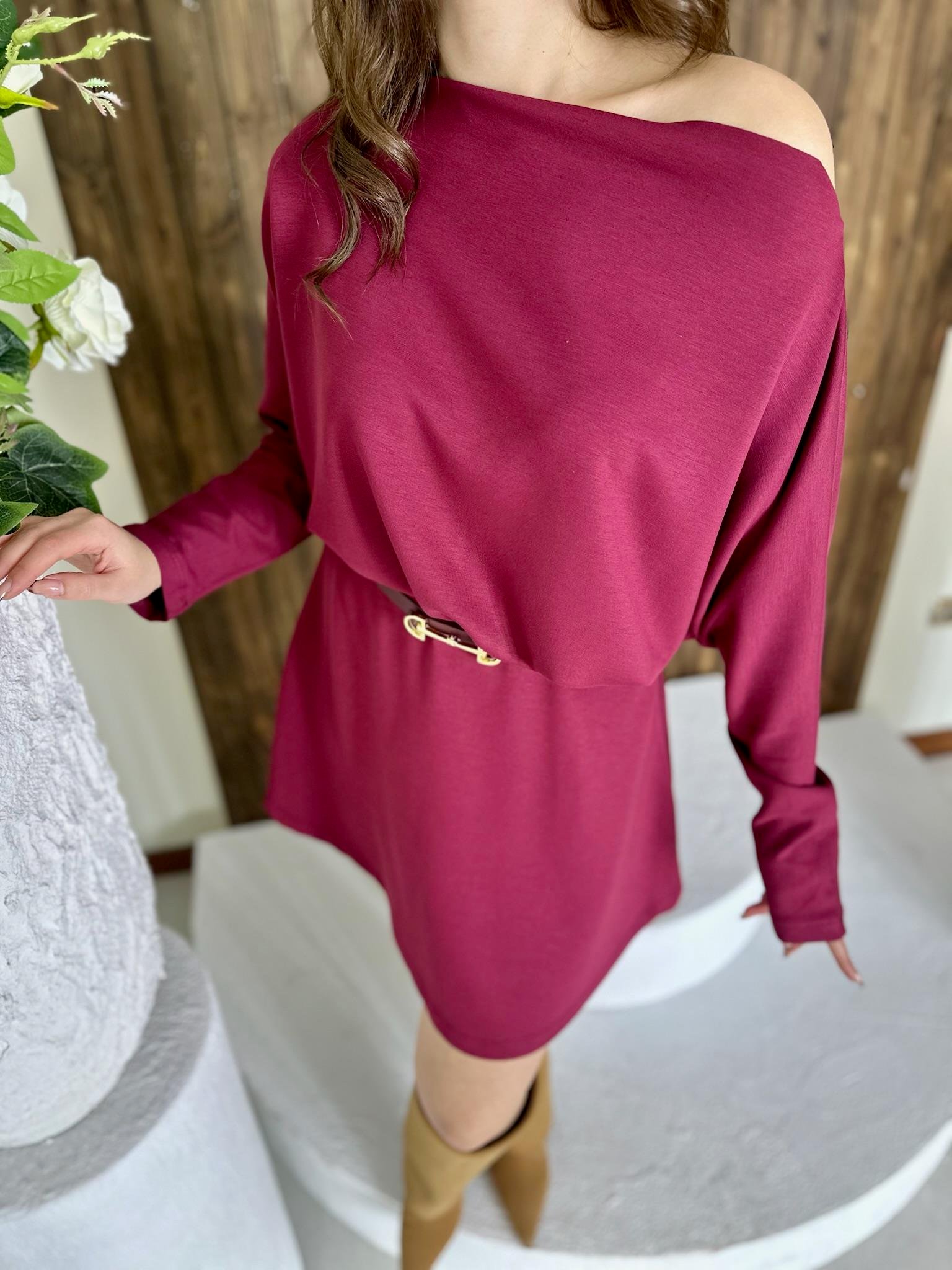 Oys Modal Kumaş Kloş Etek Düşük Omuz Bluz İkili Takım Bordo