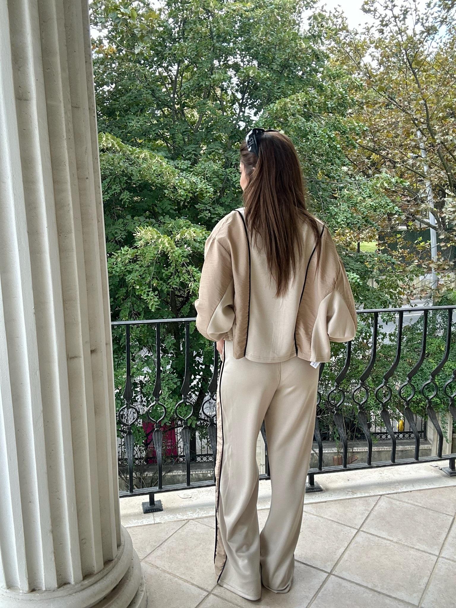 Oys Modal&Paraşüt Kumaş Biye Detay Fermuarlı İkili Eşofman Krem Takım