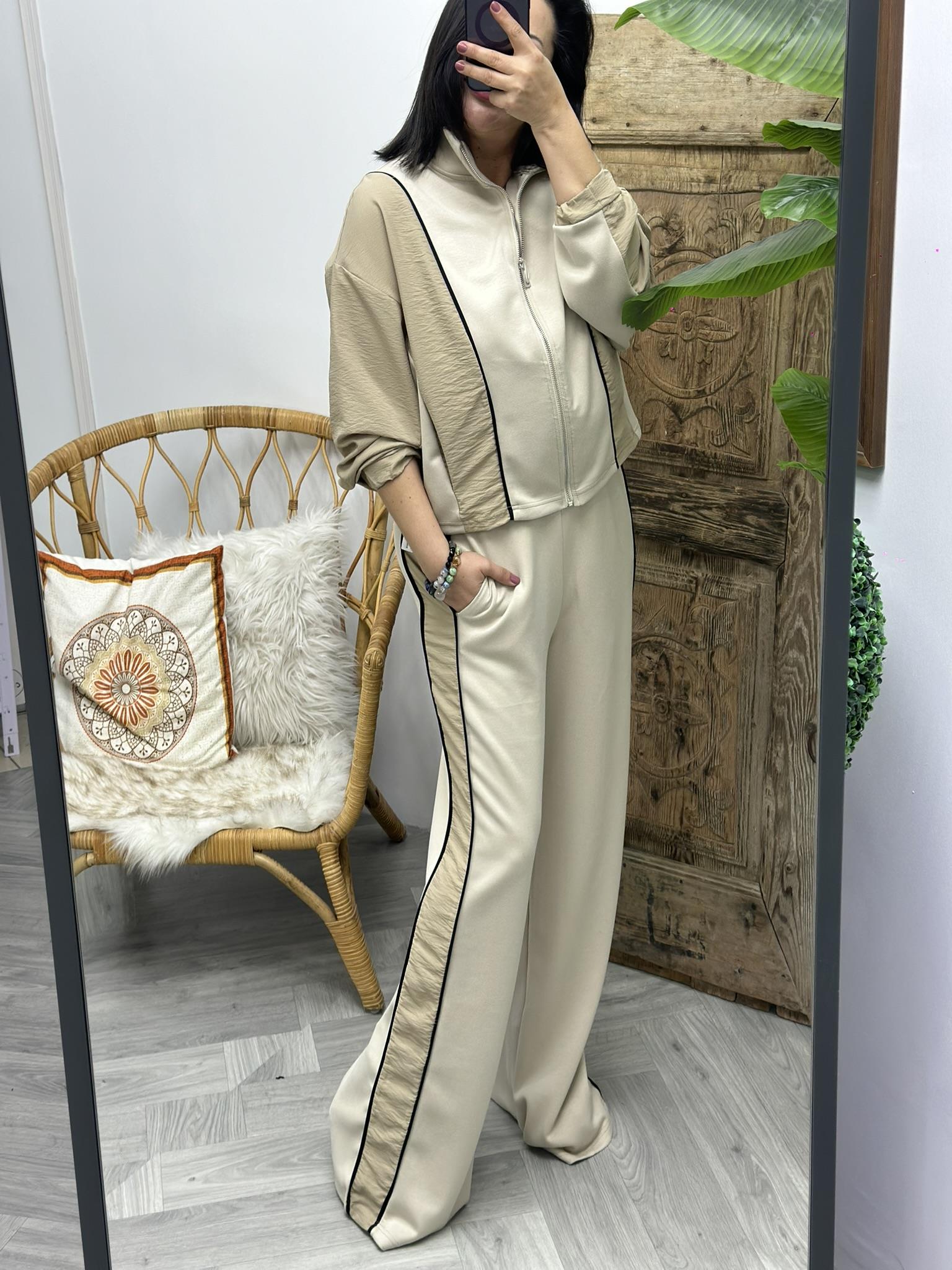 Oys Modal&Paraşüt Kumaş Biye Detay Fermuarlı İkili Eşofman Krem Takım