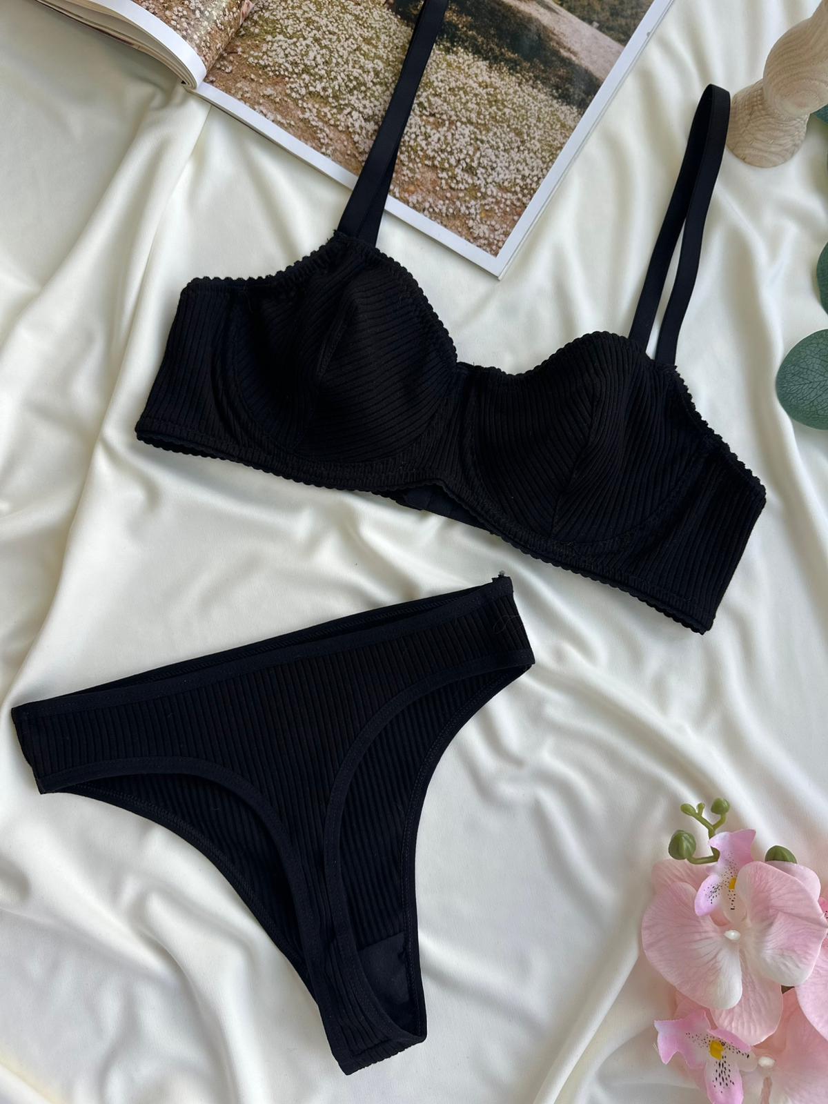 Pamuk Kaşkorse Sütyen Takım Siyah