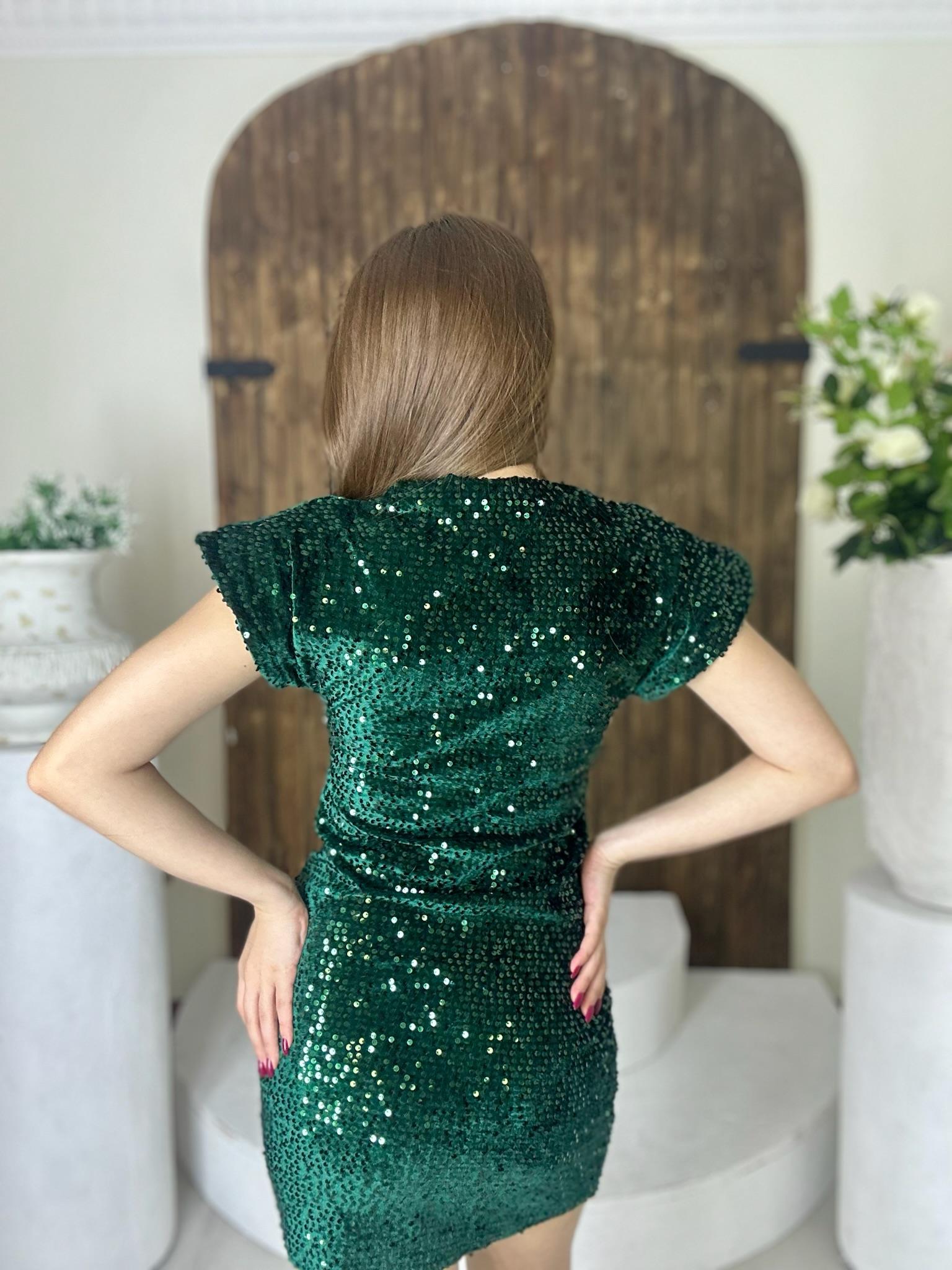 Payet Kumaş Düşük Kol Likralı Tasarım Elbise Yeşil