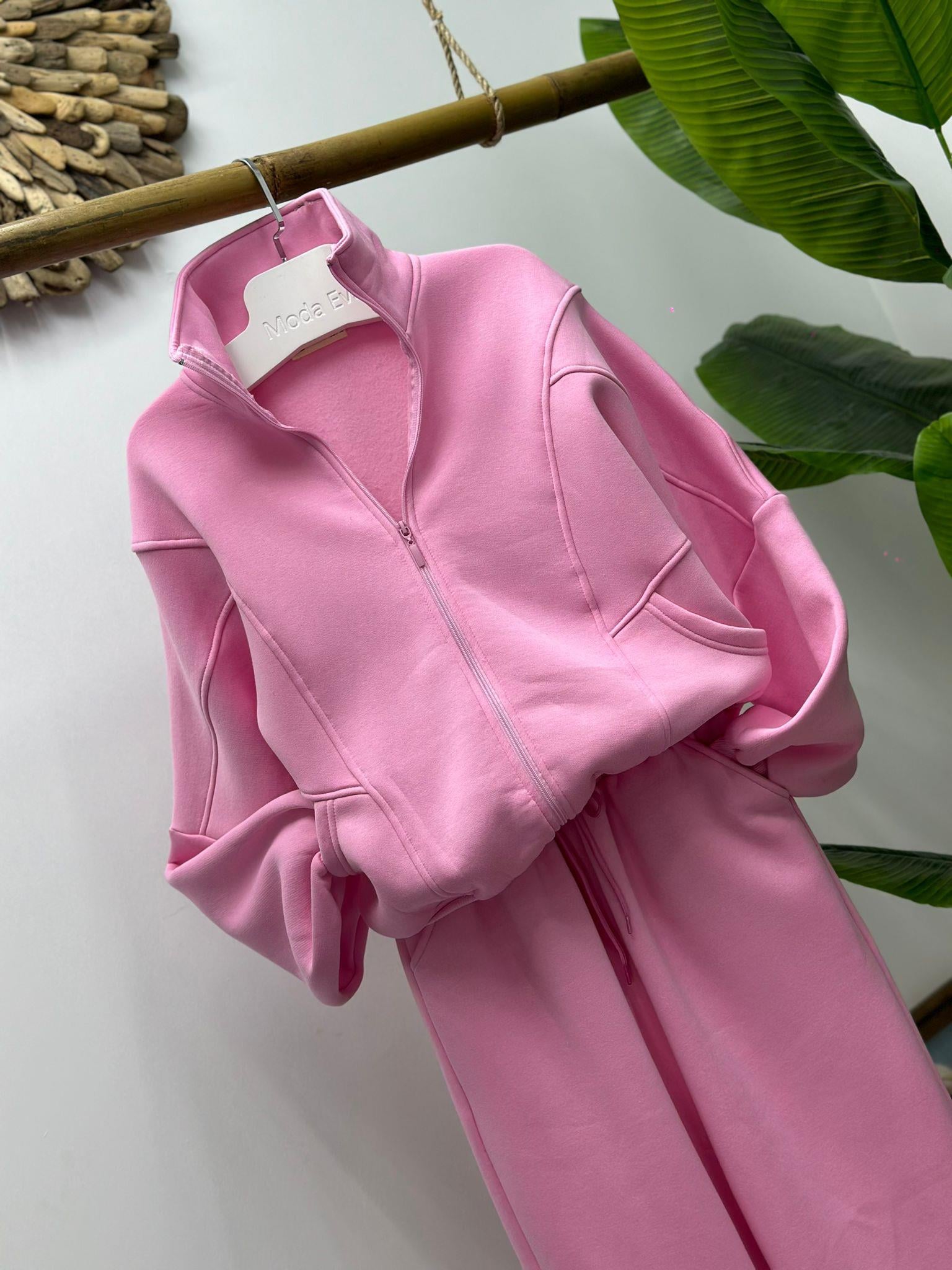 Pembe Üç İplik Dokuma İçi Şardonlu Jogger Eşofman Takım 