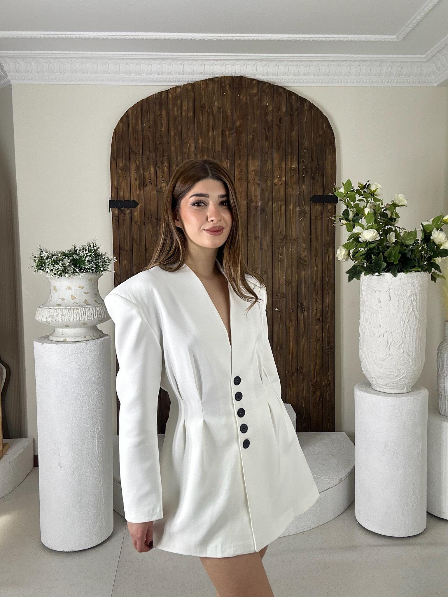 Poli Viskon Kumaş Bele Oturmalı Blazer Ceket Etek İkili Takım Beyaz