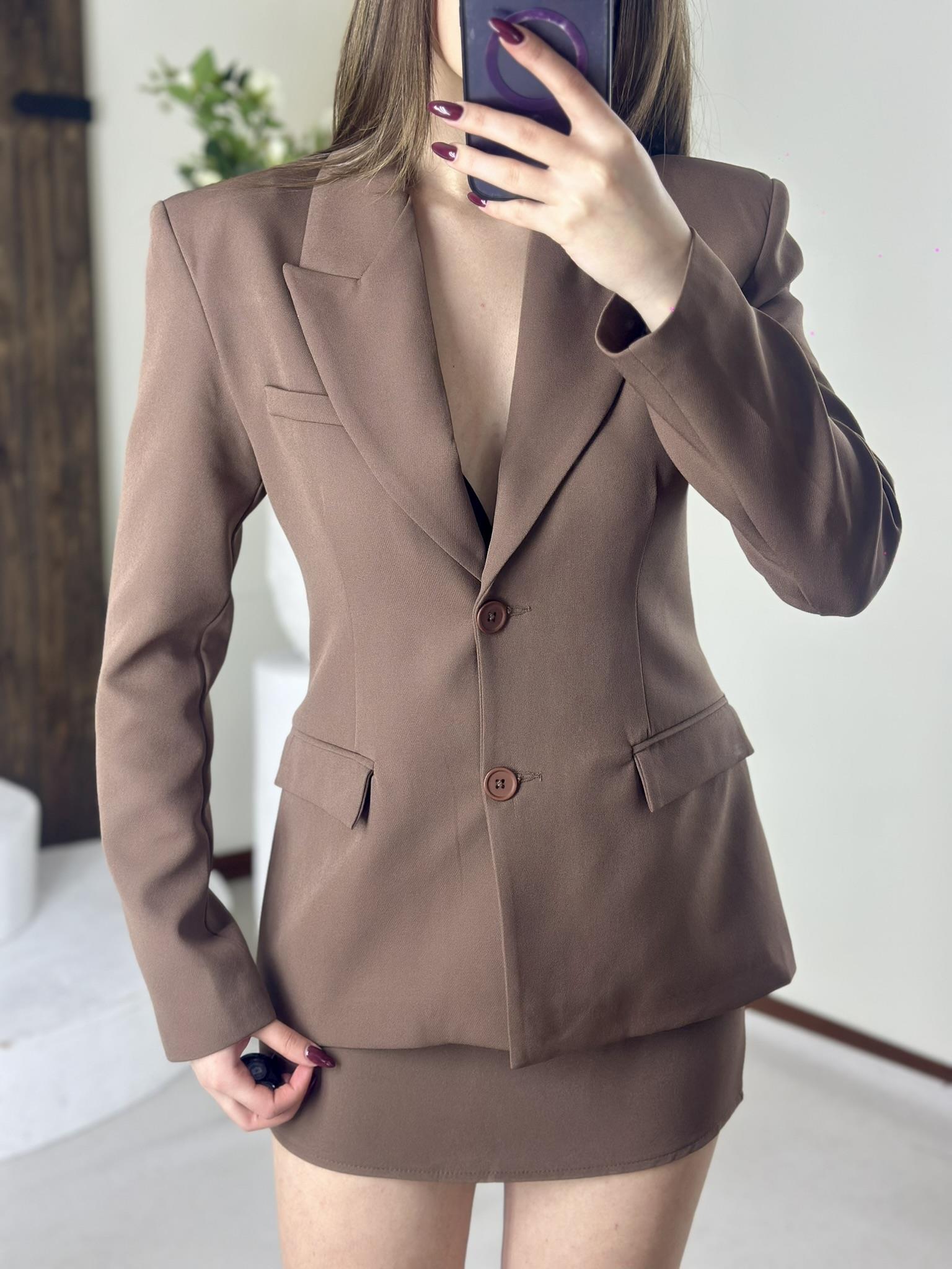 Poli Viskon Kumaş Blazer Ceket Etek İkili Takım Açık Kahverengi