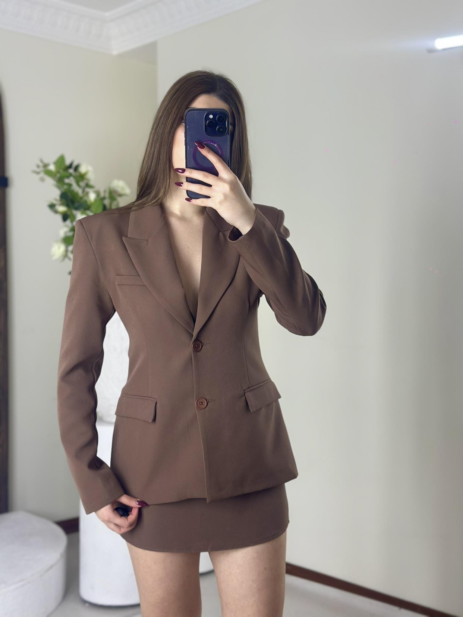 Poli Viskon Kumaş Blazer Ceket Etek İkili Takım Açık Kahverengi