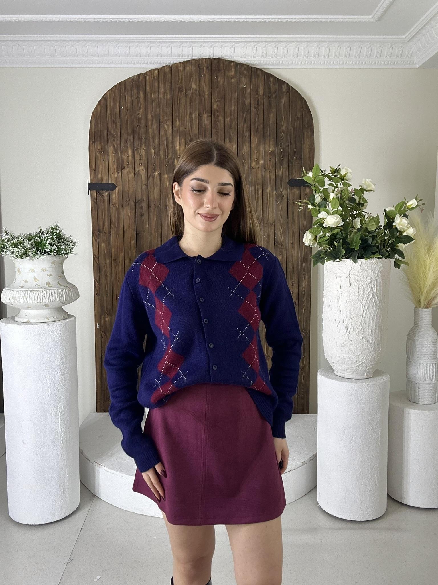 Polo Yaka Baklava Desen Hırka Lacivert