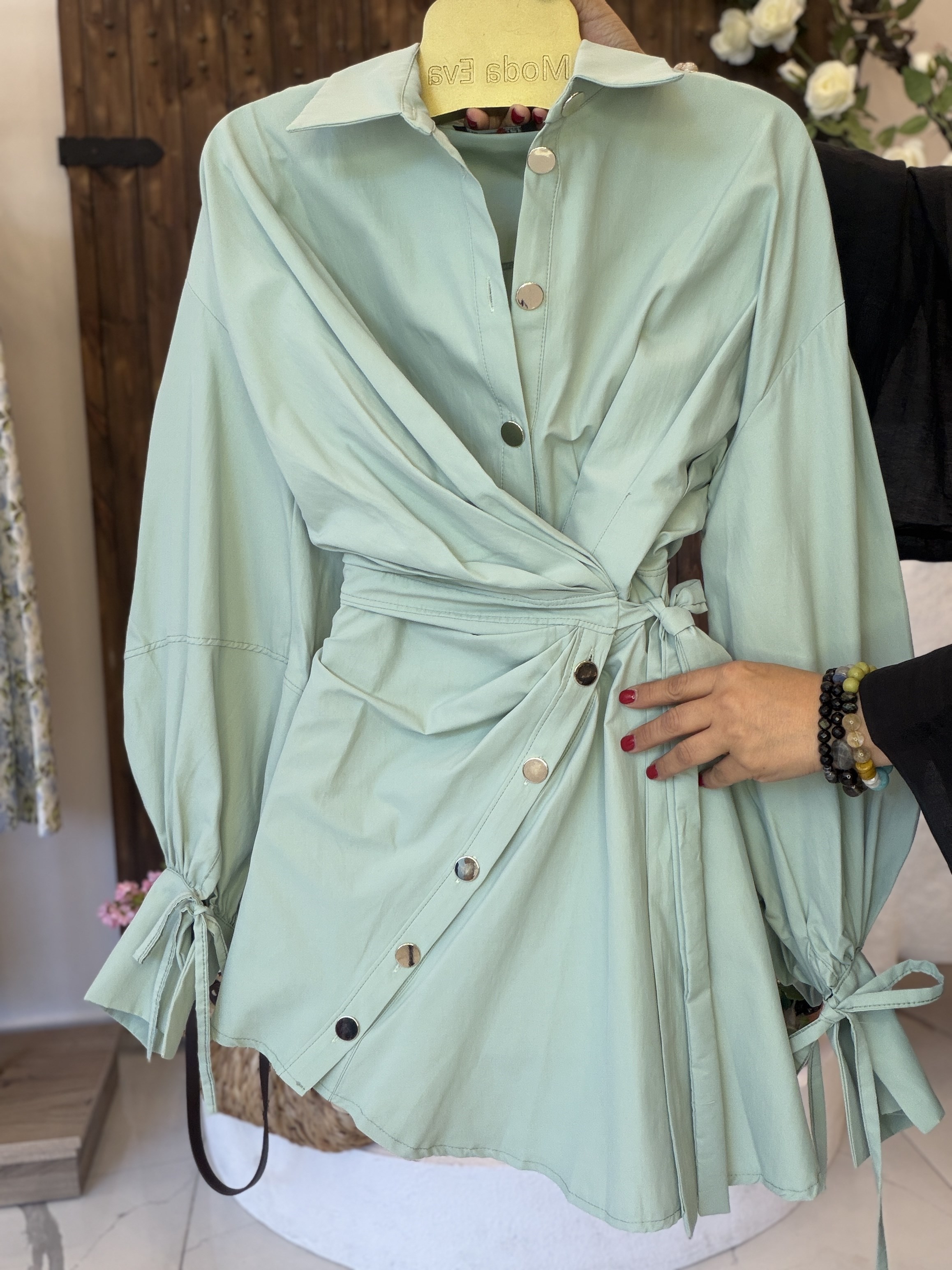 Poplin Kumaş Asimetrik Düğmeli Gömlek Elbise Mint