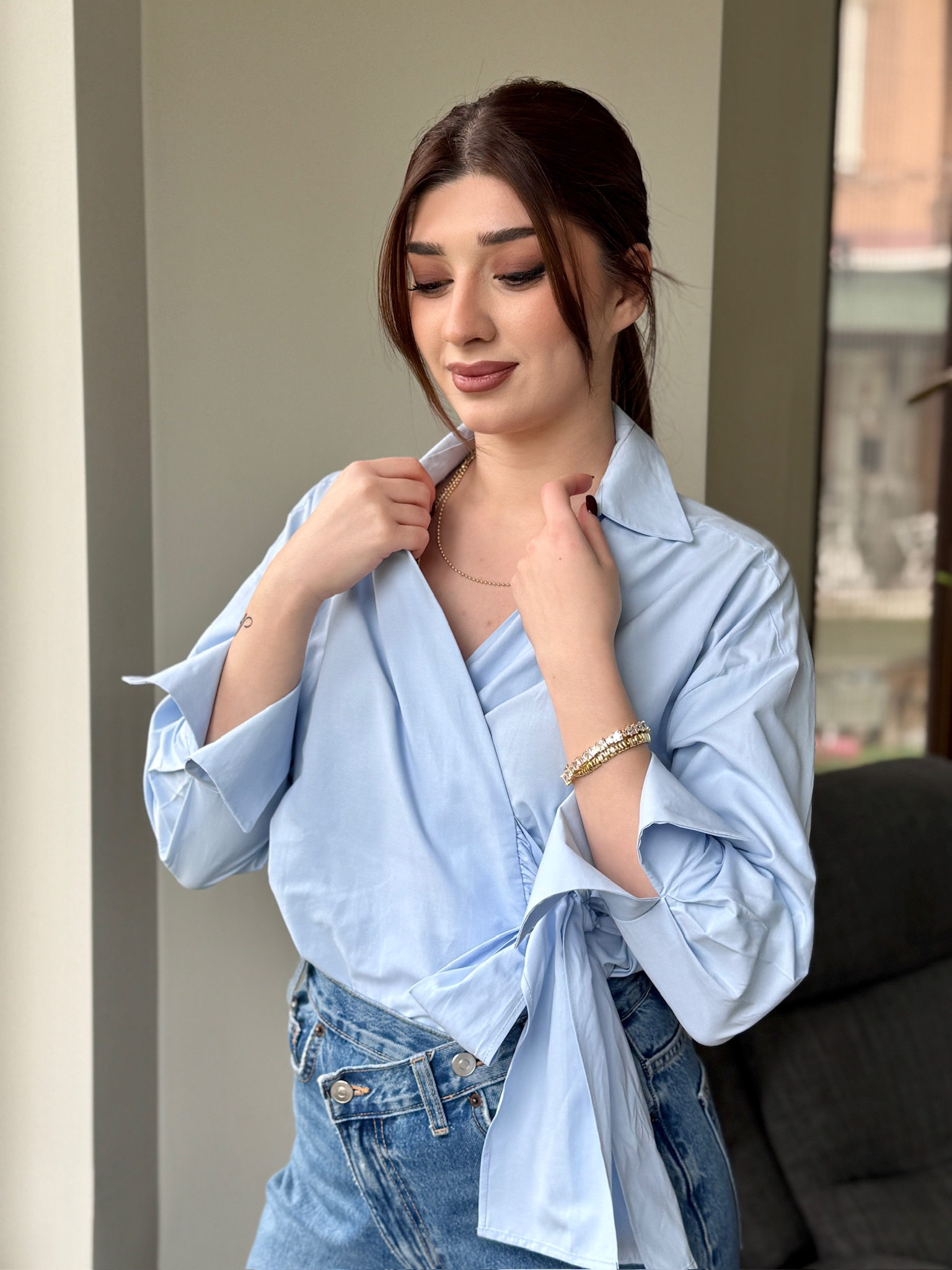 Poplin Kumaş Bağlama Detay Gömlek Bebe Mavisi