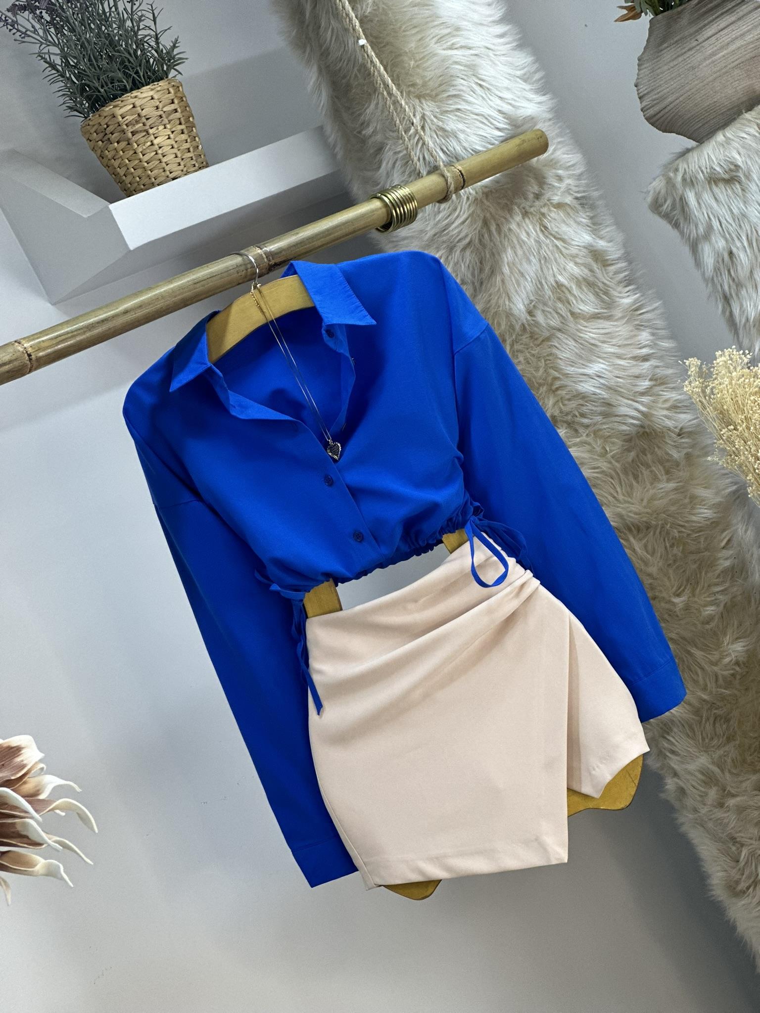 Poplin Kumaş Beli İp Büzgülü Crop Gömlek