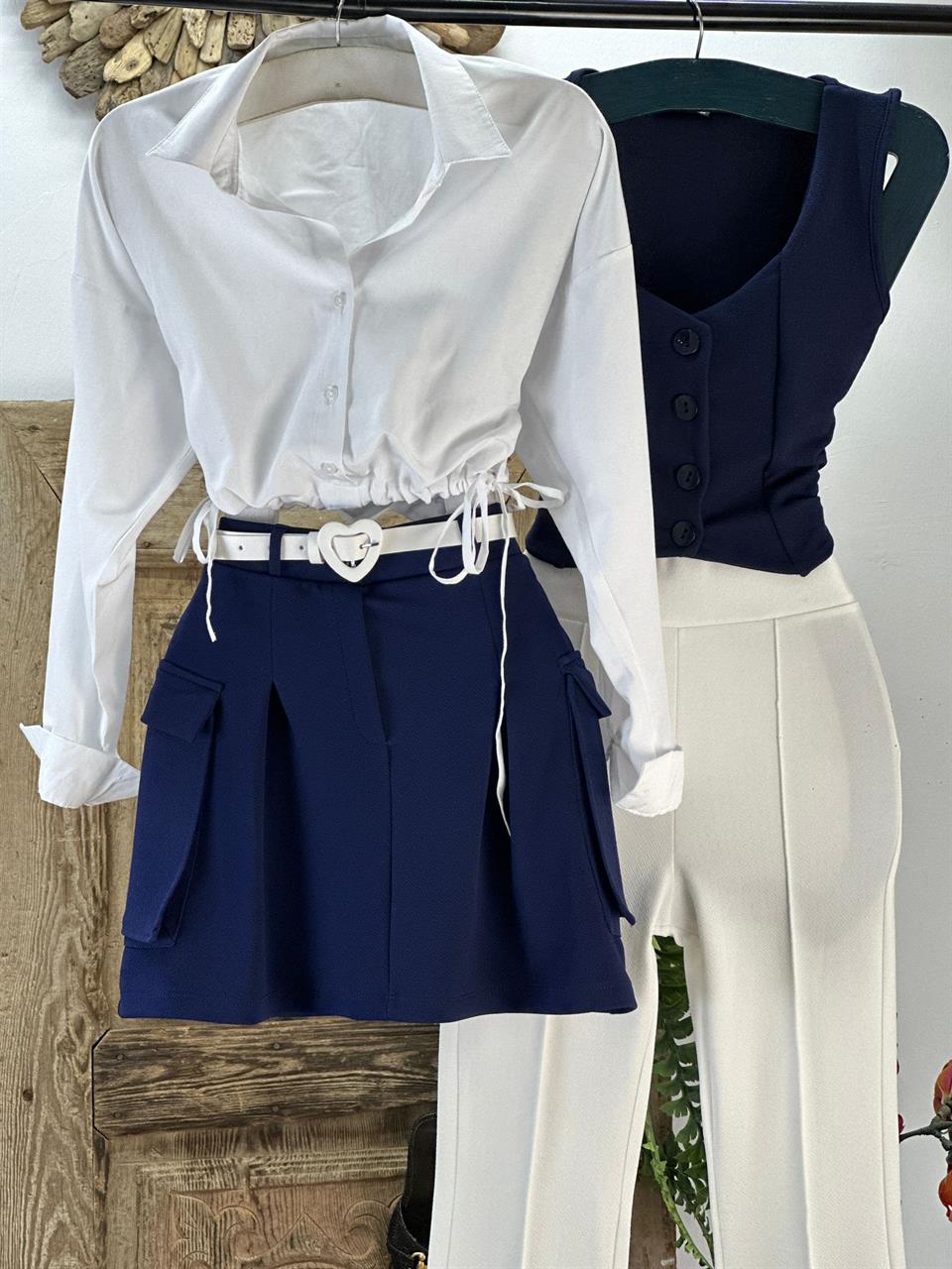 Poplin Kumaş Beli İp Büzgülü Crop Gömlek