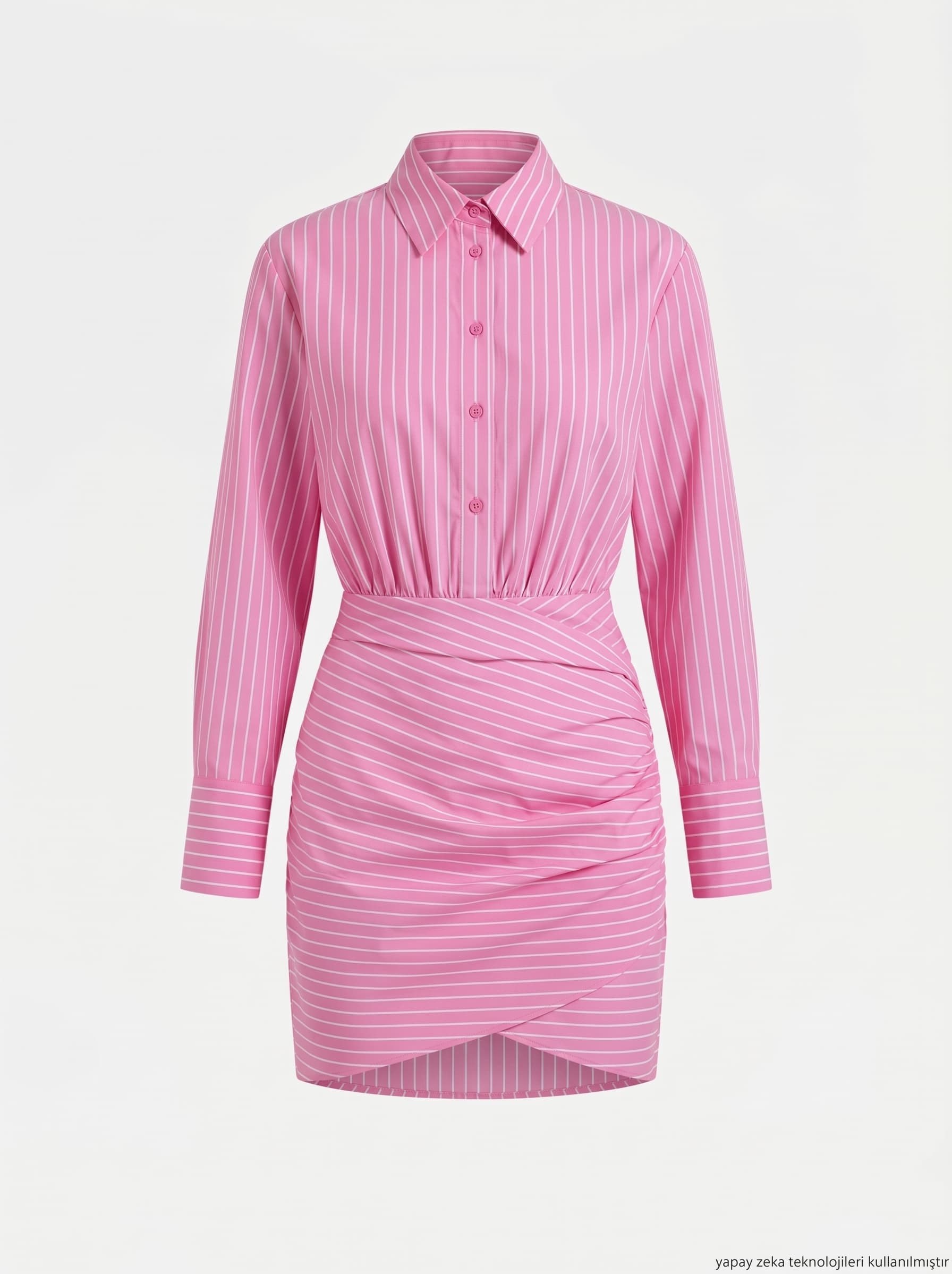 Poplin Kumaş Çizgi Desen Drapeli Gömlek Elbise Pembe