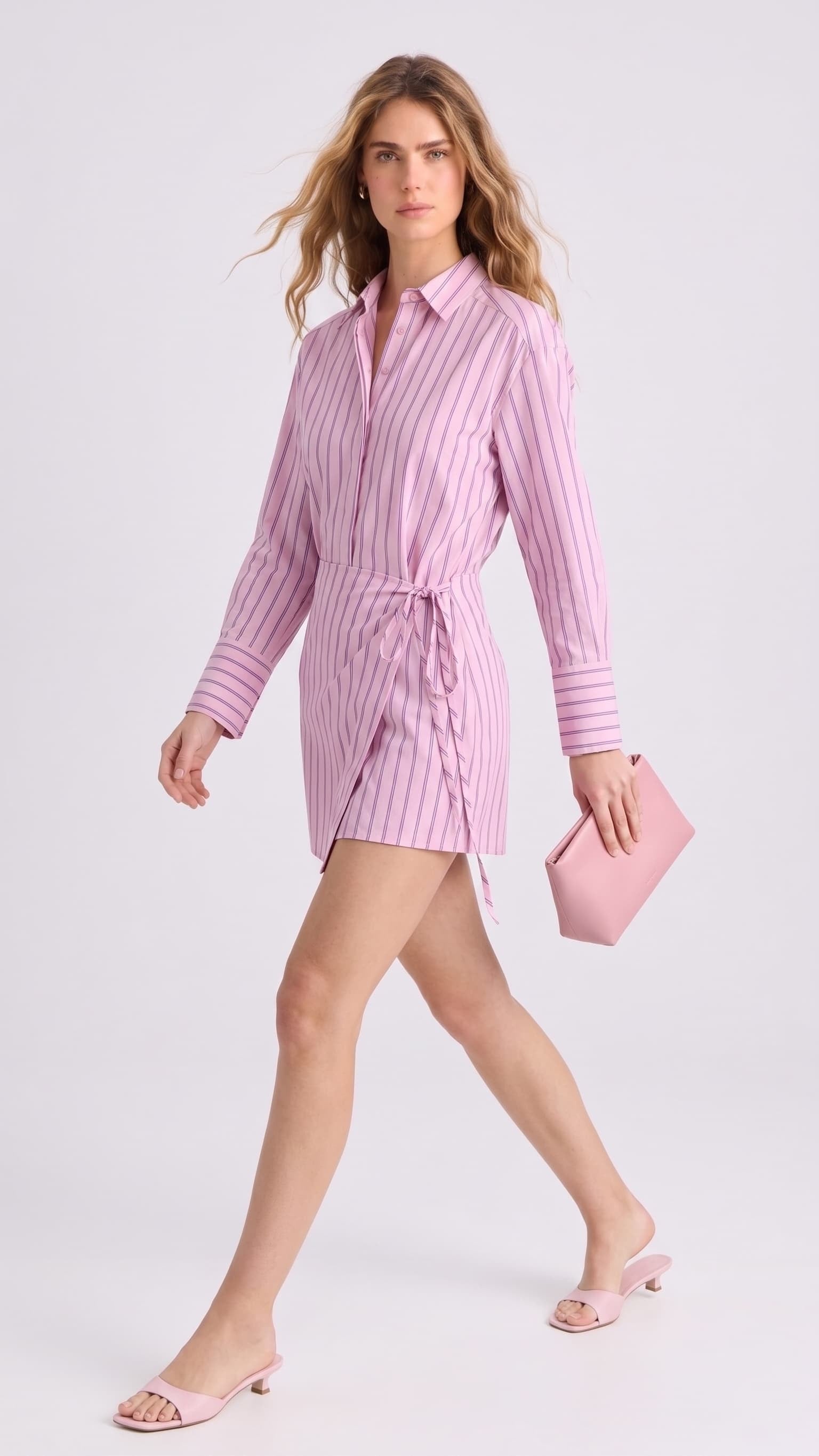 Poplin Kumaş Çizgi Desen Pembe Gömlek Elbise
