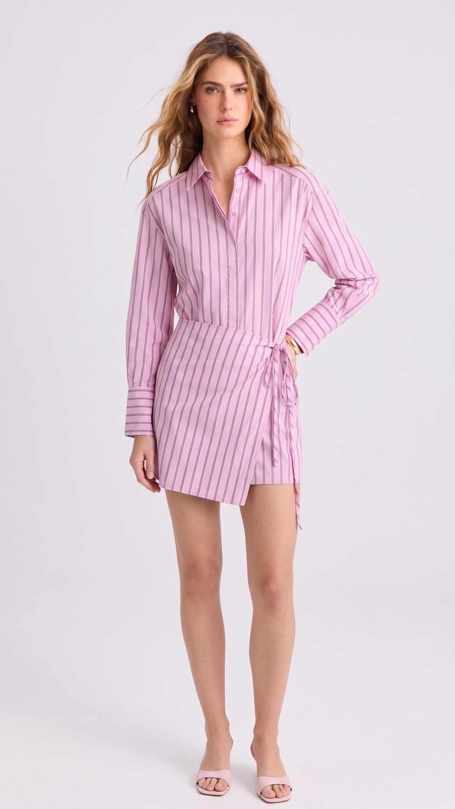 Poplin Kumaş Çizgi Desen Pembe Gömlek Elbise