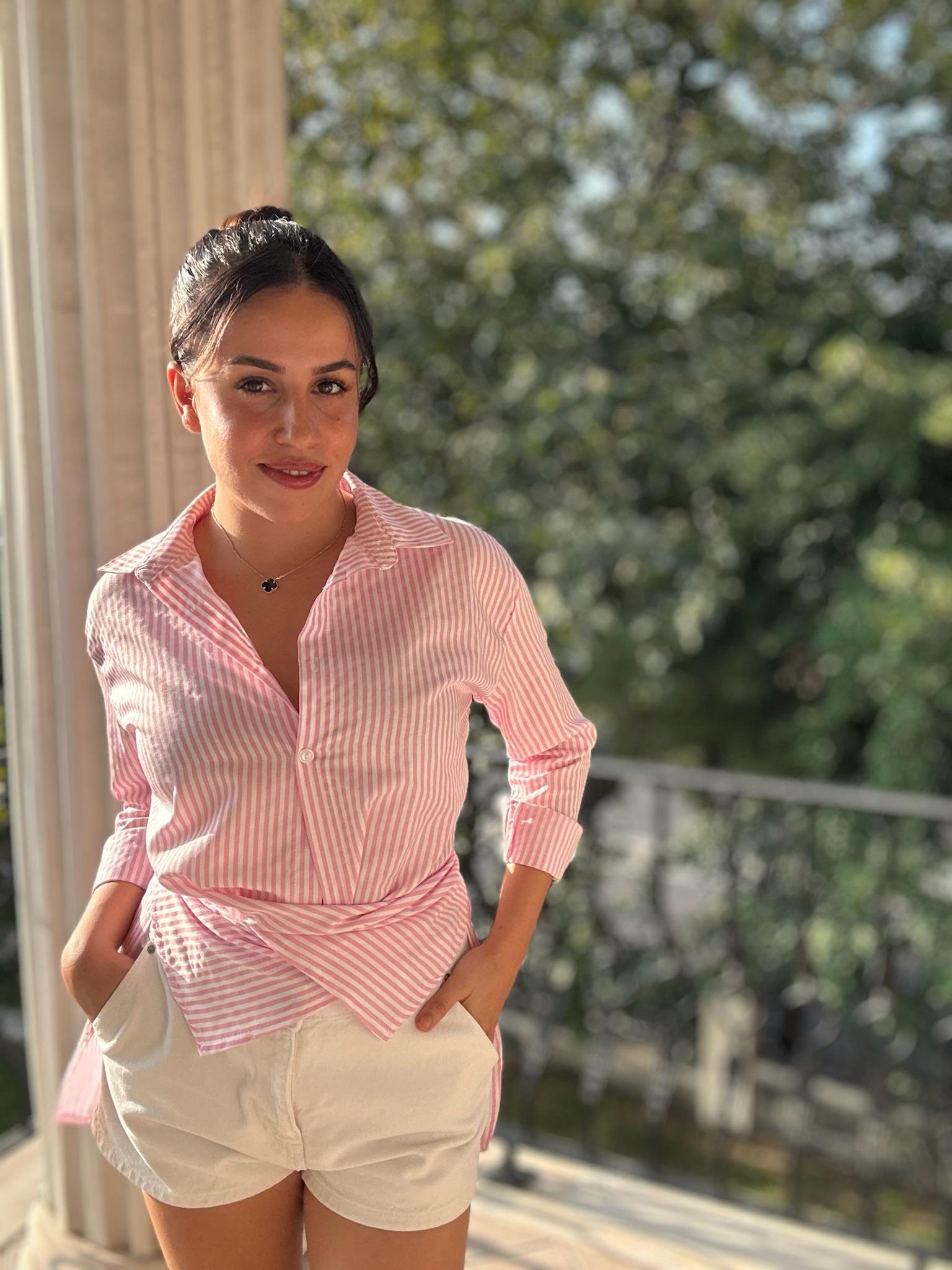 Poplin Kumaş Çizgi Desen Tasarım Gömlek Pembe