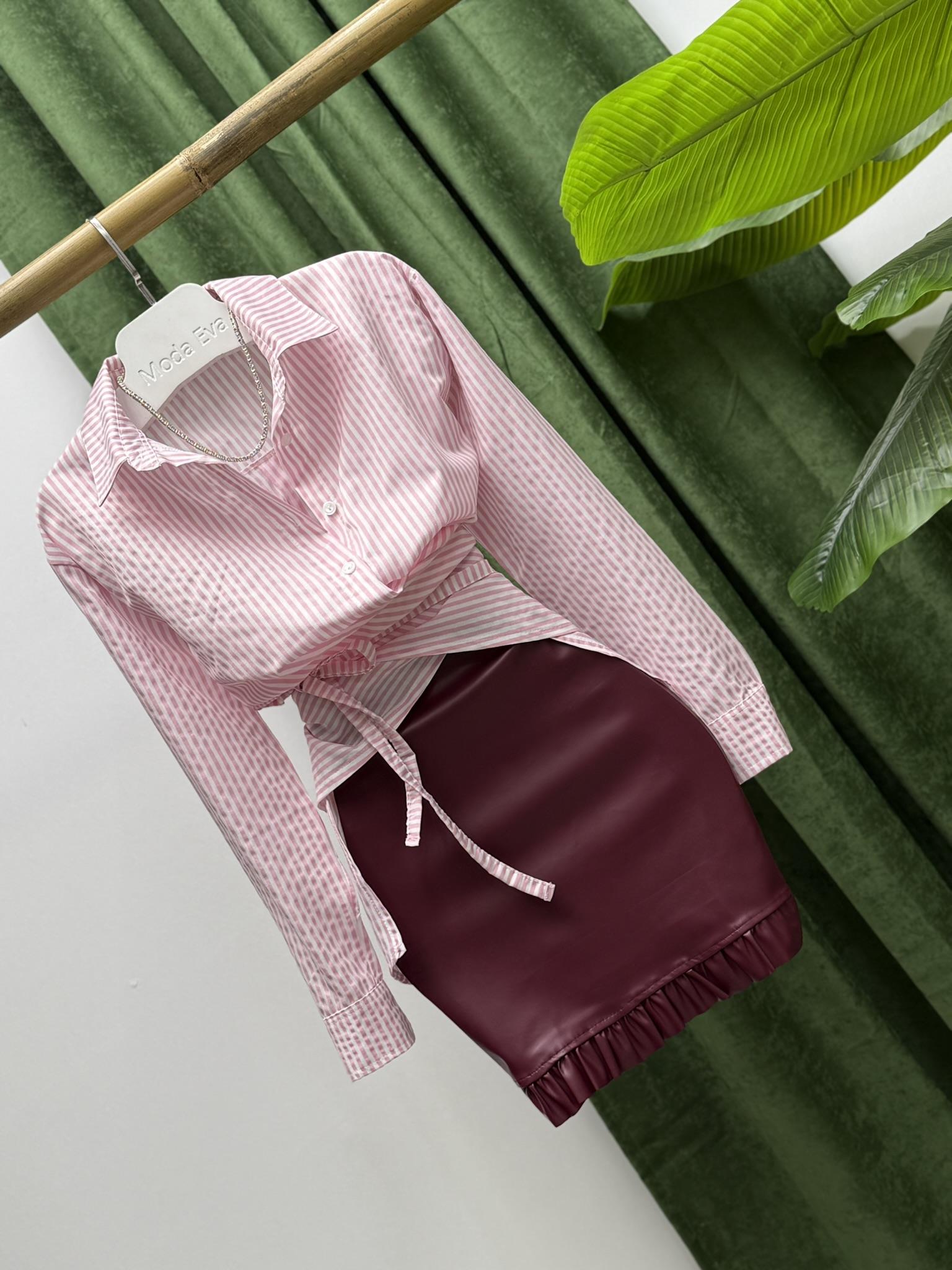 Poplin Kumaş Çizgi Desen Tasarım Gömlek Pembe