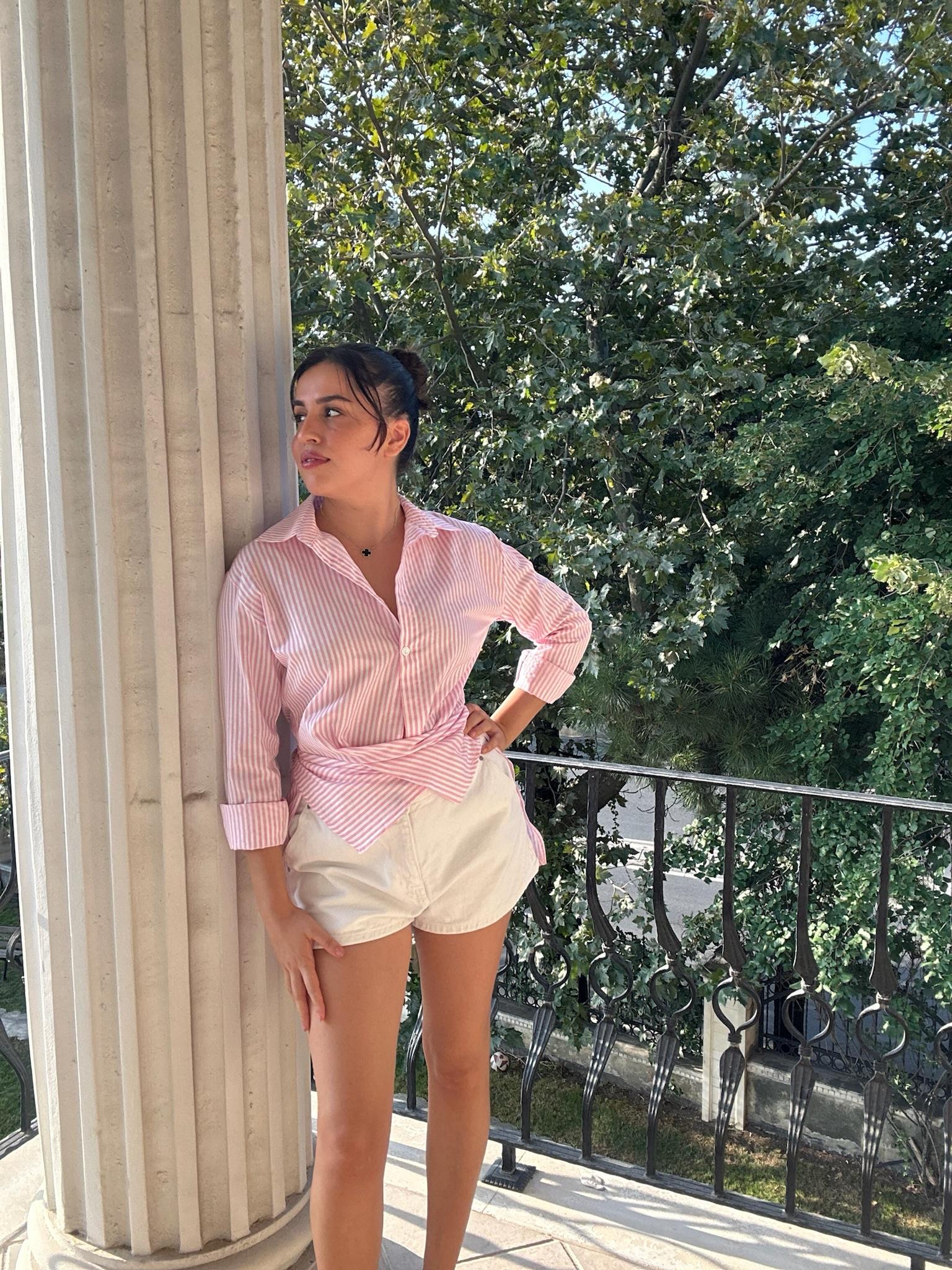 Poplin Kumaş Çizgi Desen Tasarım Gömlek Pembe