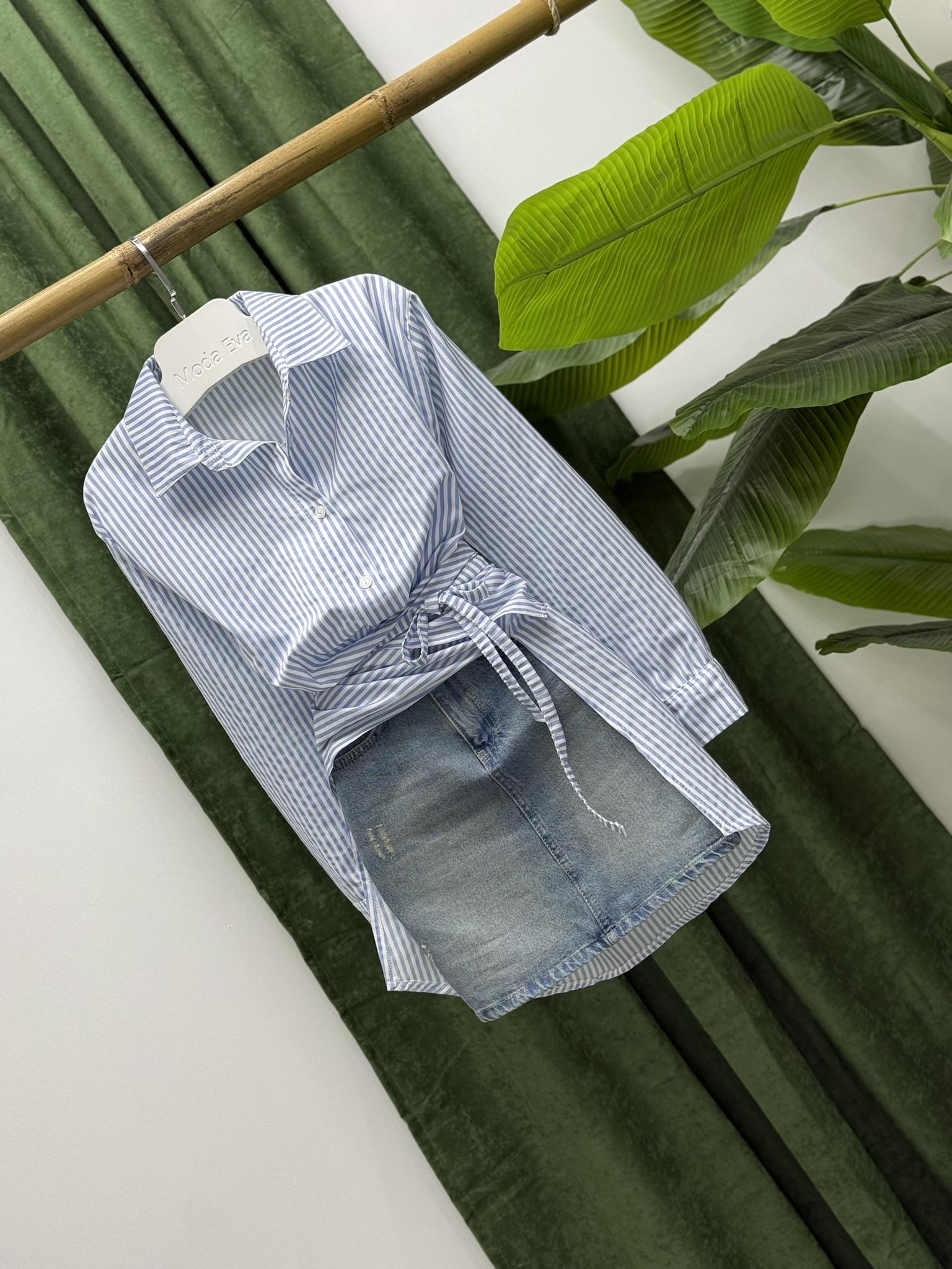 Poplin Kumaş Çizgi Desen Tasarım Gömlek Mavi