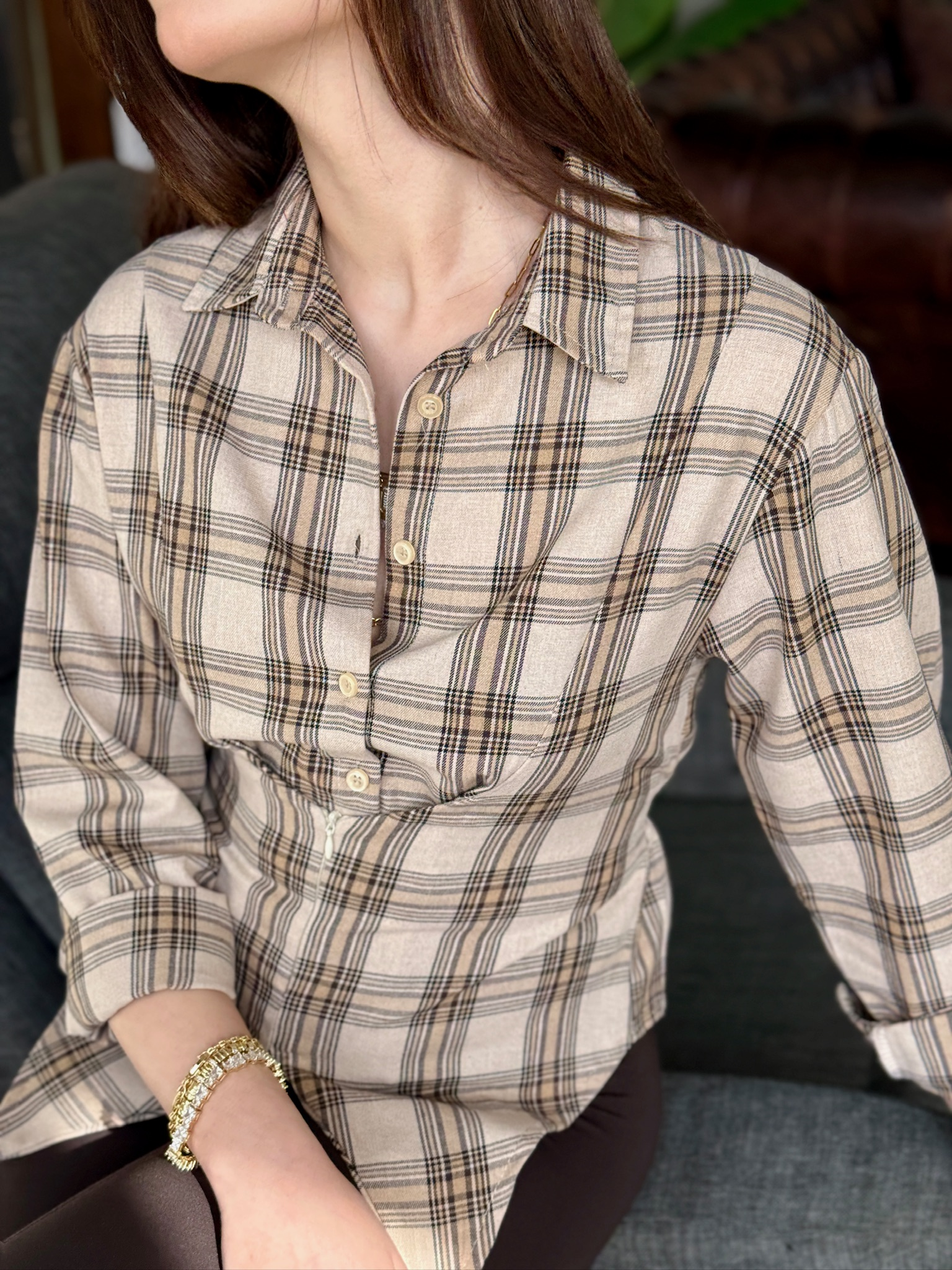 Poplin Kumaş Ekose Desen Gizli Fermuarlı Gömlek Krem