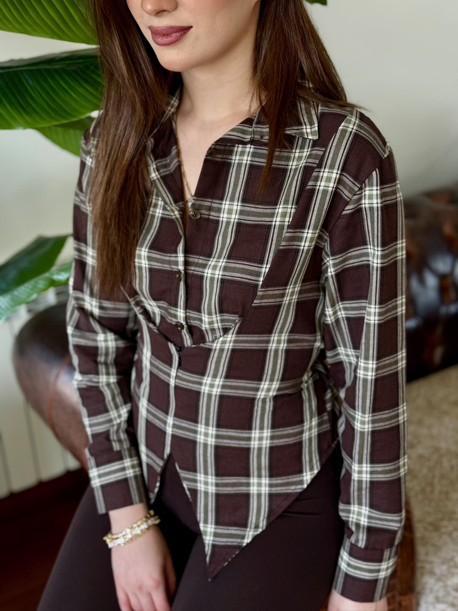 Poplin Kumaş Ekose Desen Gizli Fermuarlı Gömlek Kahverengi