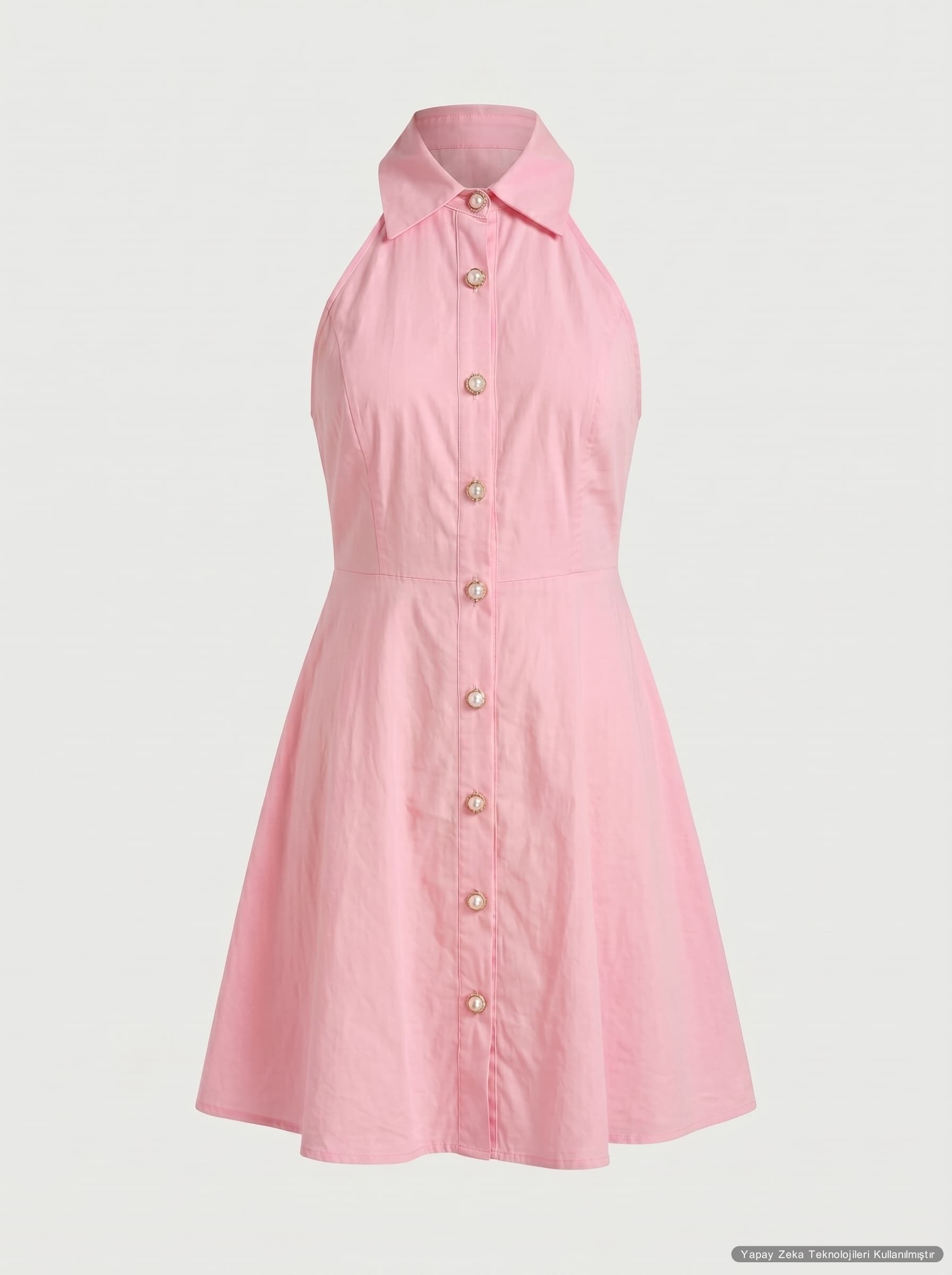 Poplin Kumaş İnci Düğmeli Yanlar Cepli Kloş Gömlek Elbise Pembe