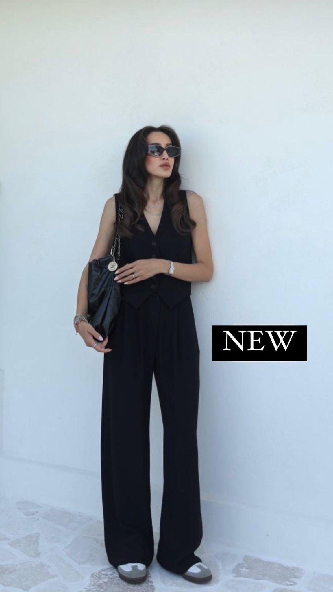 Premium Kalite Crep Kumaş Astarlı Yelek Palazzo Pantolon İkili Takım Siyah