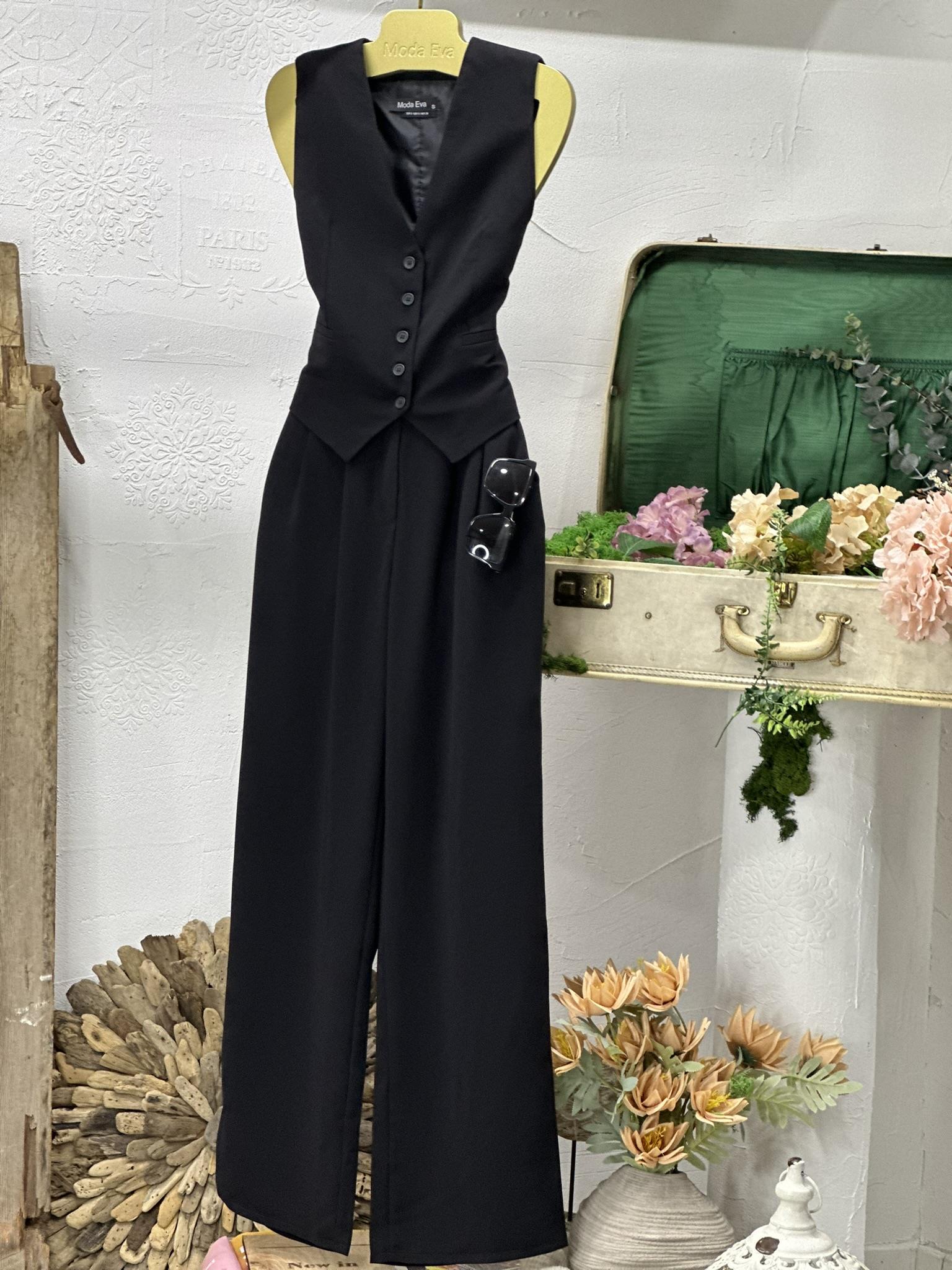 Premium Kalite Crep Kumaş Astarlı Yelek Palazzo Pantolon İkili Takım Siyah