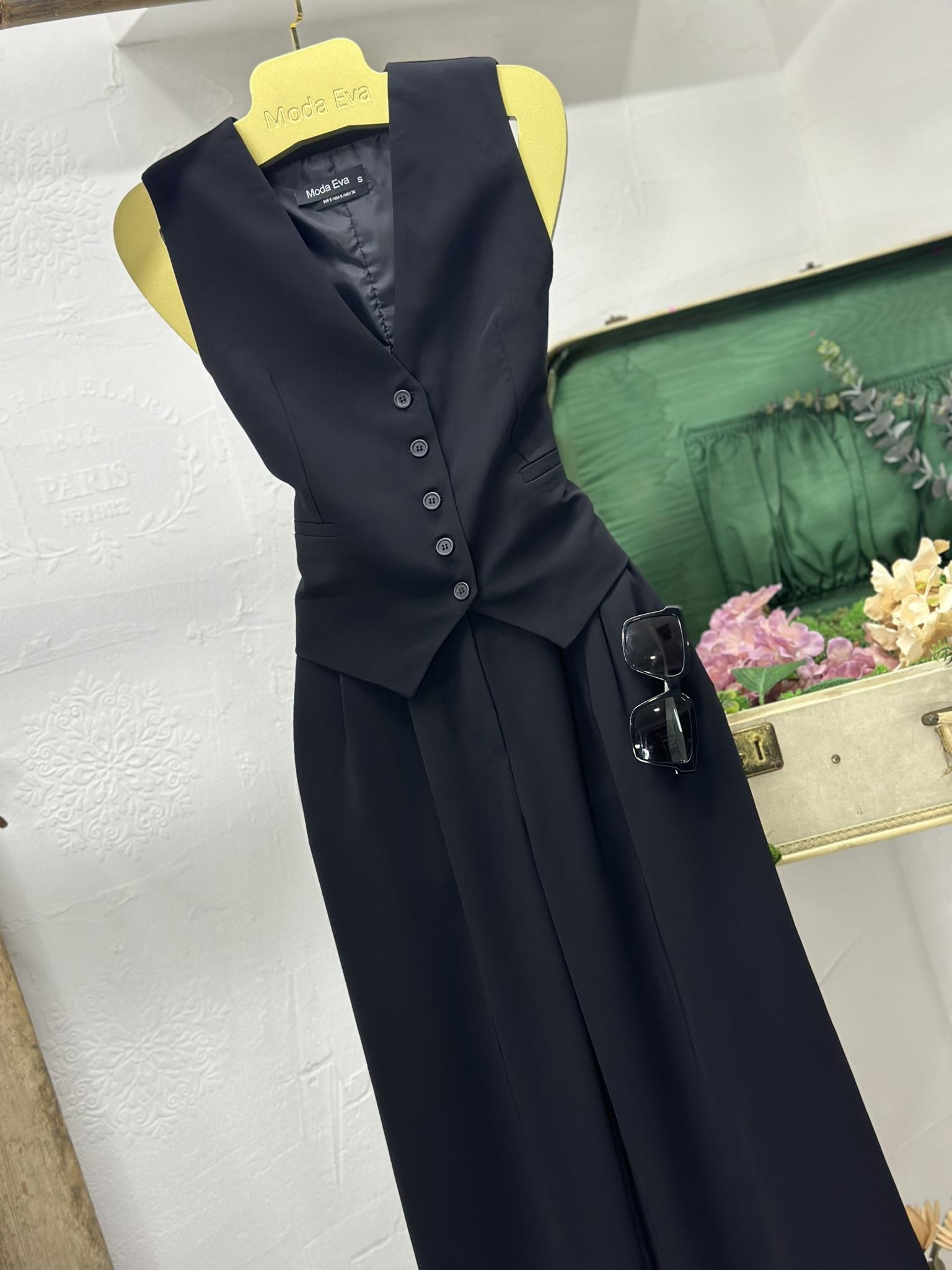 Premium Kalite Crep Kumaş Astarlı Yelek Palazzo Pantolon İkili Takım Siyah