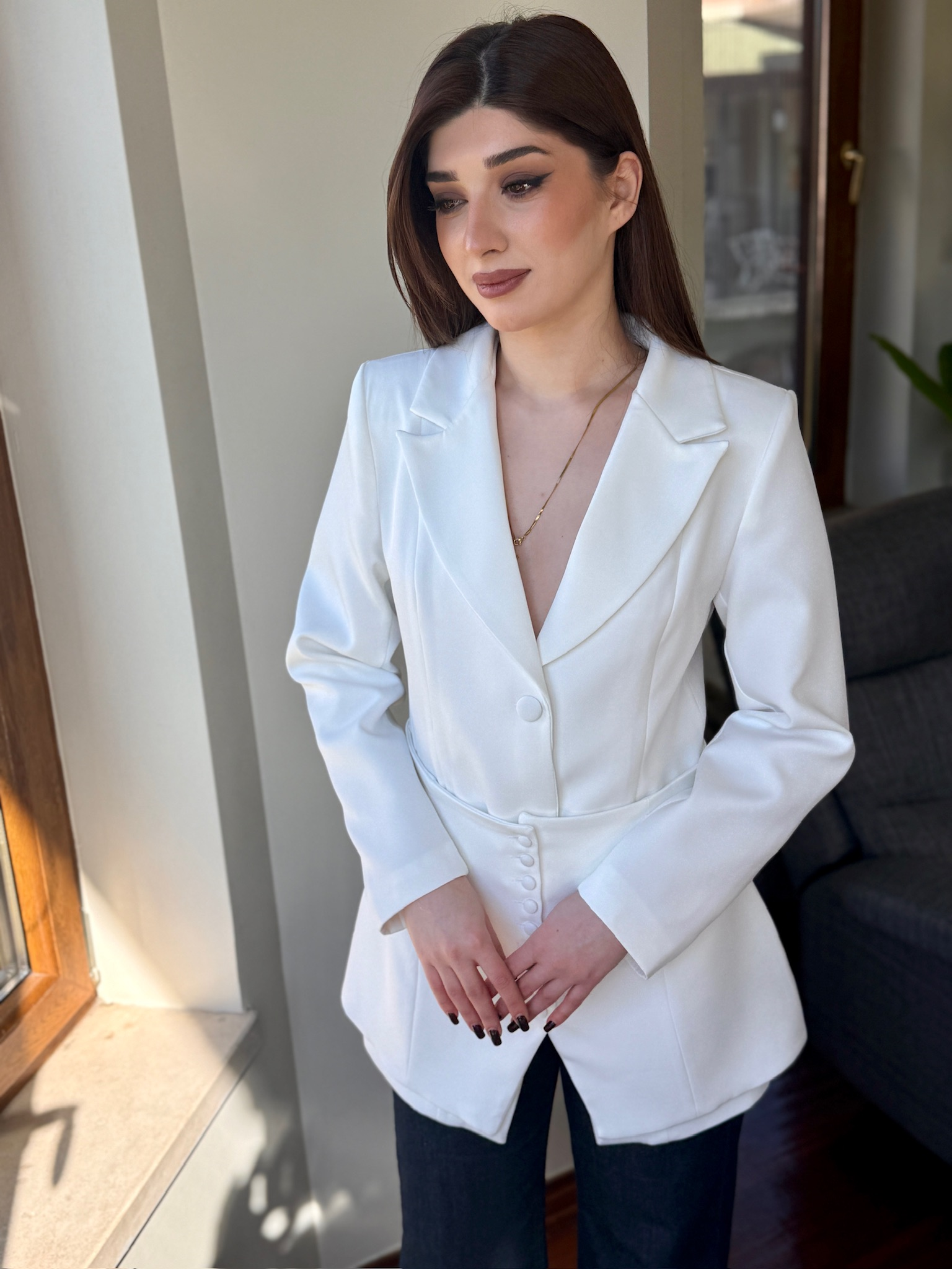 Premium Parçalı Etek Ceket İkili Takım Beyaz