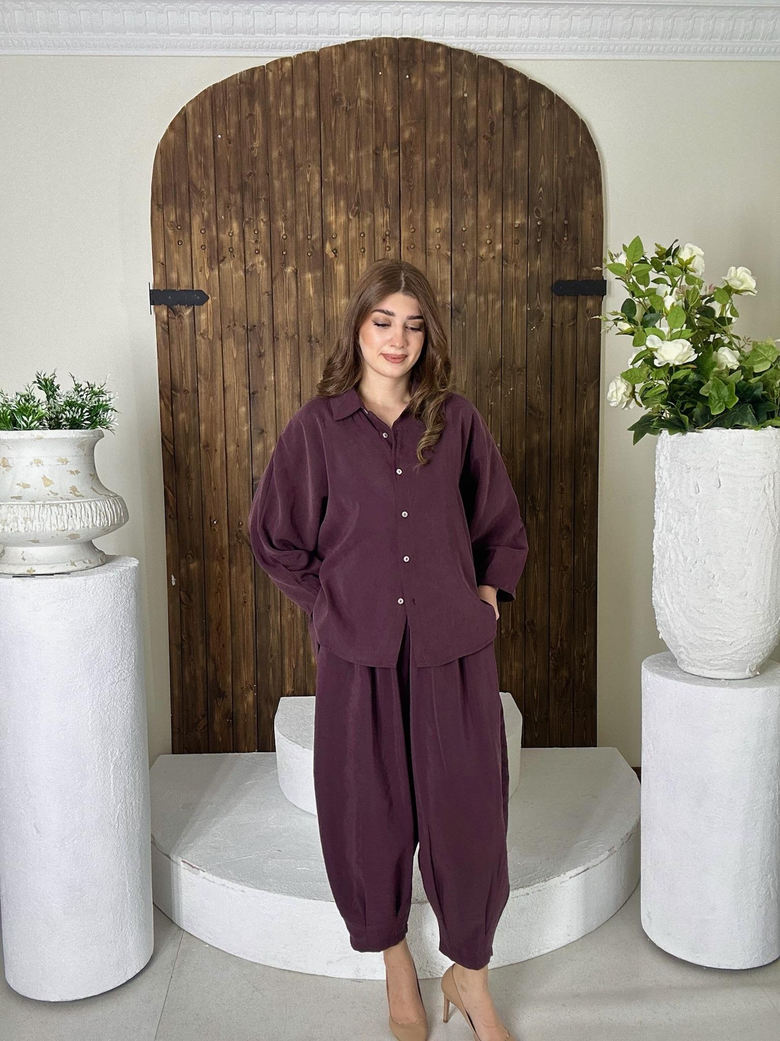 Premium Seri Trikoton Kumaş Beli Lastikli Rahat Pantolon Gömlek İkili Takım Bordo